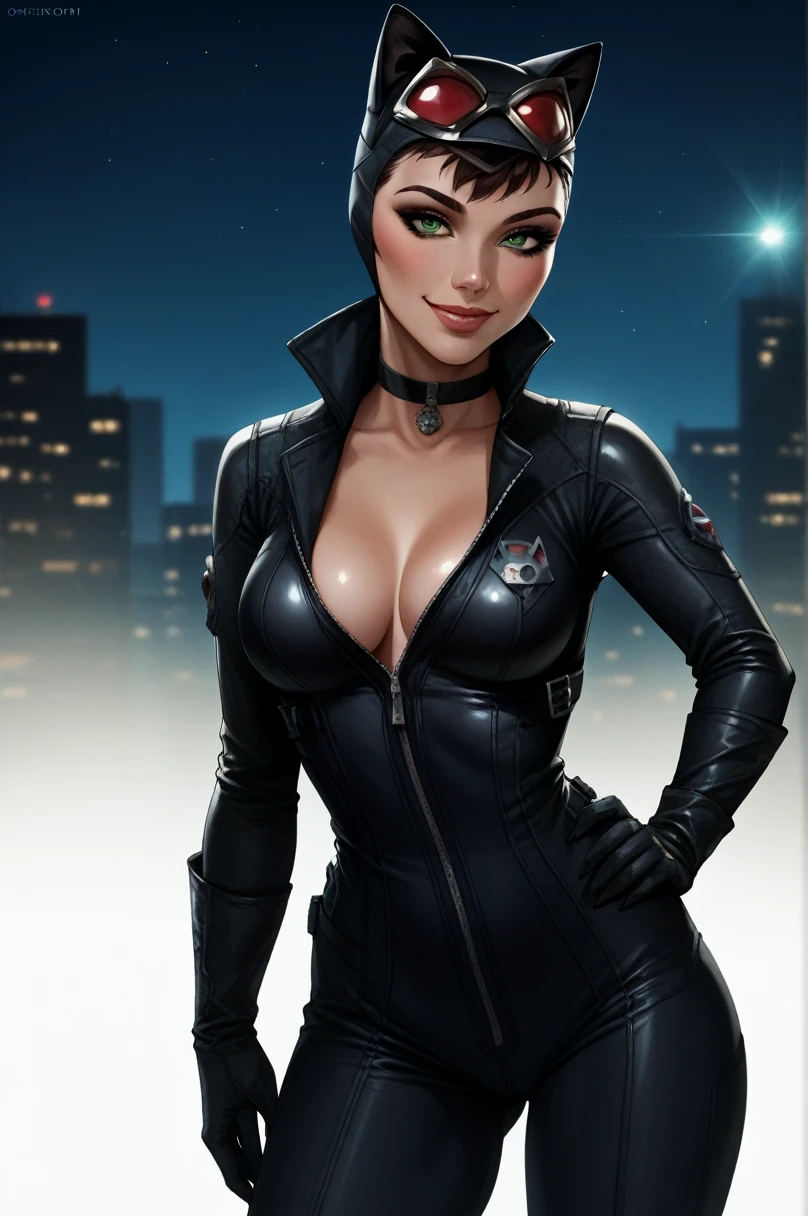 score_9_up, score_8_up, score_7_up, 1girl, solo, mature female, ((Anne Hathaway)), (((long loose brown hair))), brown eyes, red lips, parted lips, fit slim body,((perfect medium erected breast)), (((black catwoman tight suit, eye mask on her head))), ((concrete bunker with white neon lights)), ((highly detailed perfect straight face with cheekbones)), perfect model body, seductive pose,