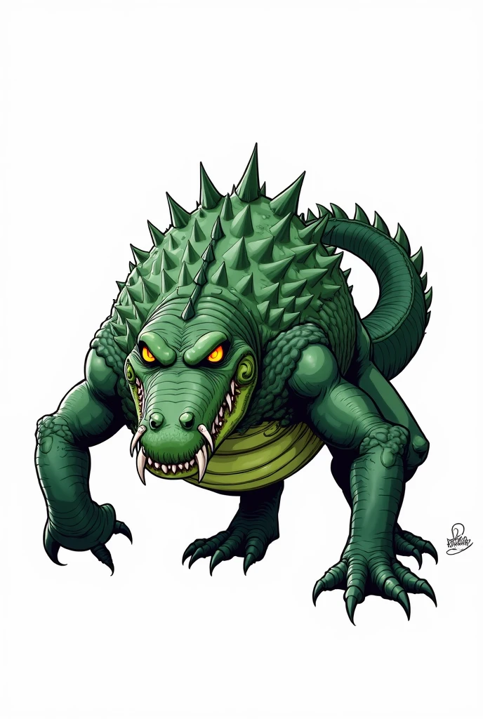 ((((No humans))))、Libra, reptiles, scar, Humanity, Crocodile, green body, scale, There is nothing there, Crocodilian, facial scar, Muscular, green scale, teeth、get annoyed、Fighting stance、Movement angle、From above、White background