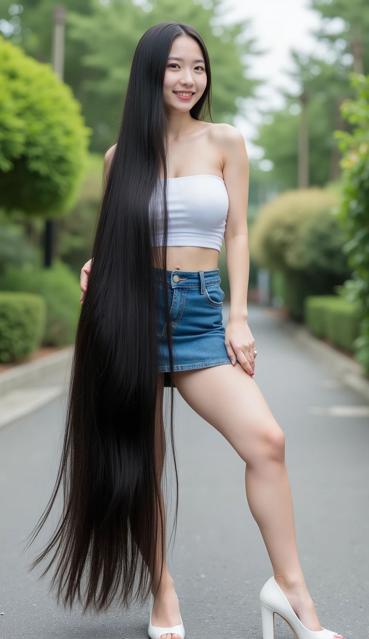 Very cute and young Asian girl with dimples.she is standing .She wears a sleeveless and strapless white tube dress very tight , fitted tight denim mini skirt and white high heel. She has the longest black hair .She has the longest light black hair up to 32 meters long. She wears a sleeveless white mini dress , round butt and highest hips . Her longest hair is extremely straight .She has the longest to the toes , Caucasian .Background is the street in the garden. She spread her long, very thick and incredibly long hair from her super super long hair, ((Picture taken from 32 meters away)). real hand , 5 fingers naturally beautiful. ((Negative prompt: bad anatomy, bad hands, bad fingers, missing fingers, extra fingers, fused fingers, mutated hands, extra limbs, malformed limbs, distorted body, blurry, low quality, unrealistic hair, bad eyes, bad teêth, boker effect))
