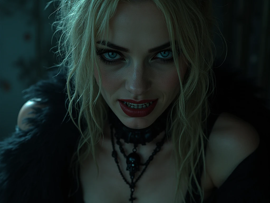 ((a photorealistic portrait of an exquisite, glamour female vampire: 1.5)) , pale face, blond hair, long vibrant shiny hair, glamorous hair, emerald green eyes, deep  eyes, red lips,  lips, ((two vampiric fangs: 1.5), drops of blood dripping from the mouth, ((1920's style: 1.5)), she wears an intricate diamond necklace and earrings, 1920's style clothes, (highest quality:1.2, Very detailed, up to date, Vibrant, Ultra-high resolution, High Contrast, masterpiece:1.2, highest quality, Best aesthetics), best details, best quality, highres, ultra wide angle, 16k, [ultra detailed], masterpiece, best quality, (extremely detailed), Genetically modified..., Cinematic Hollywood Film, dark novel