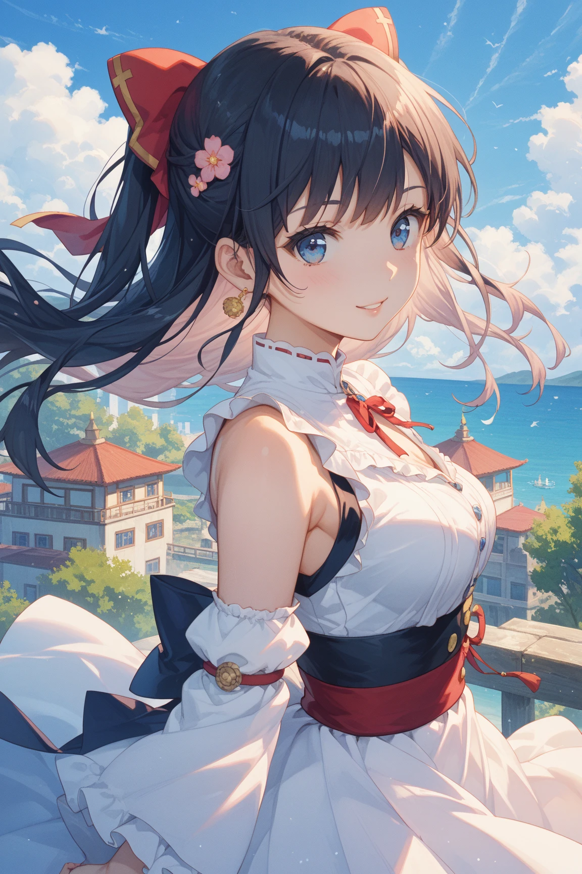 (masterpiece, best quality), 1girl,   Lemon Slicked-Back High Ponytail with Bow, big breasts,  <lora:scenery:0.8> scenery