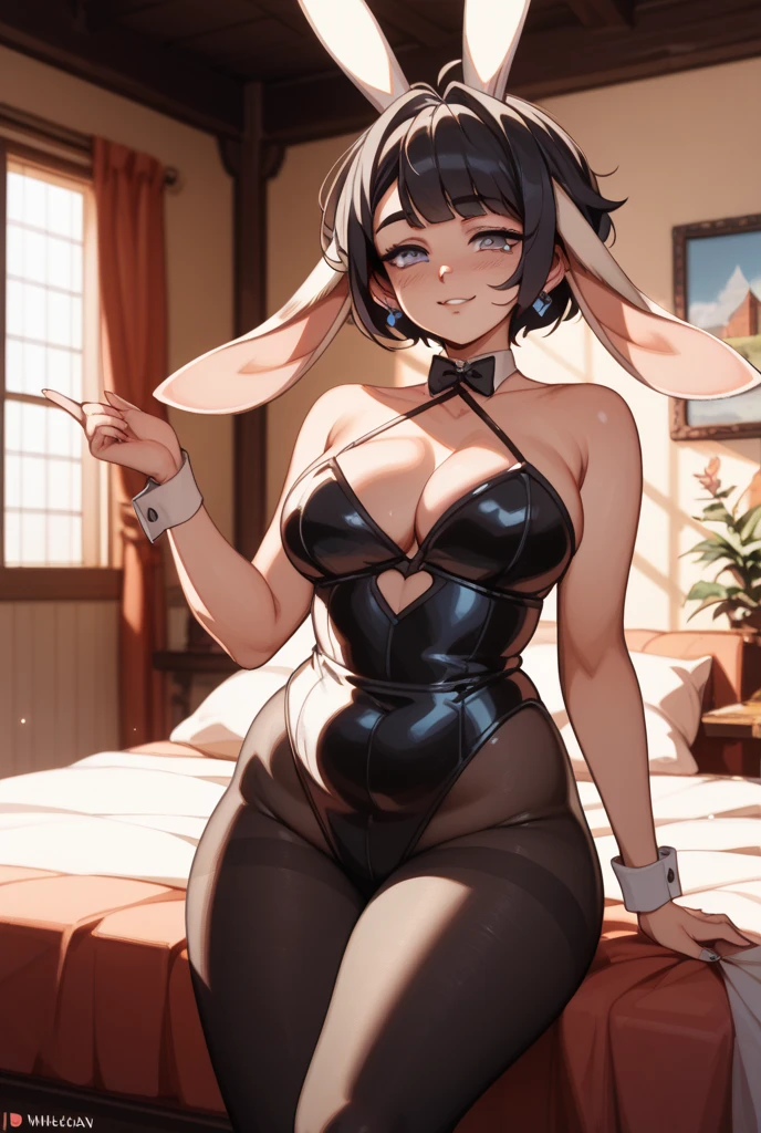 masterpiece, best quality, 8k wallpaper, video game loading screen, intricate detail, beautiful anime girl, pinup, detailed lighting and shadows, 1girl 1other animal_ears armband bare_shoulders black_bow black_bowtie black_leotard black_pantyhose bow bowtie breasts brown_eyes brown_hair cleavage closed_mouth covered_navel detached_collar dragon_girl dragon_horns dragon_tail feet_out_of_frame femdom hair_intakes holding holding_whip horns indoors large_breasts leotard mask mirror pantyhose rabbit_ears short_hair solo_focus standing strapless strapless_leotard tail thigh_gap traditional_bowtie wrist_cuffs