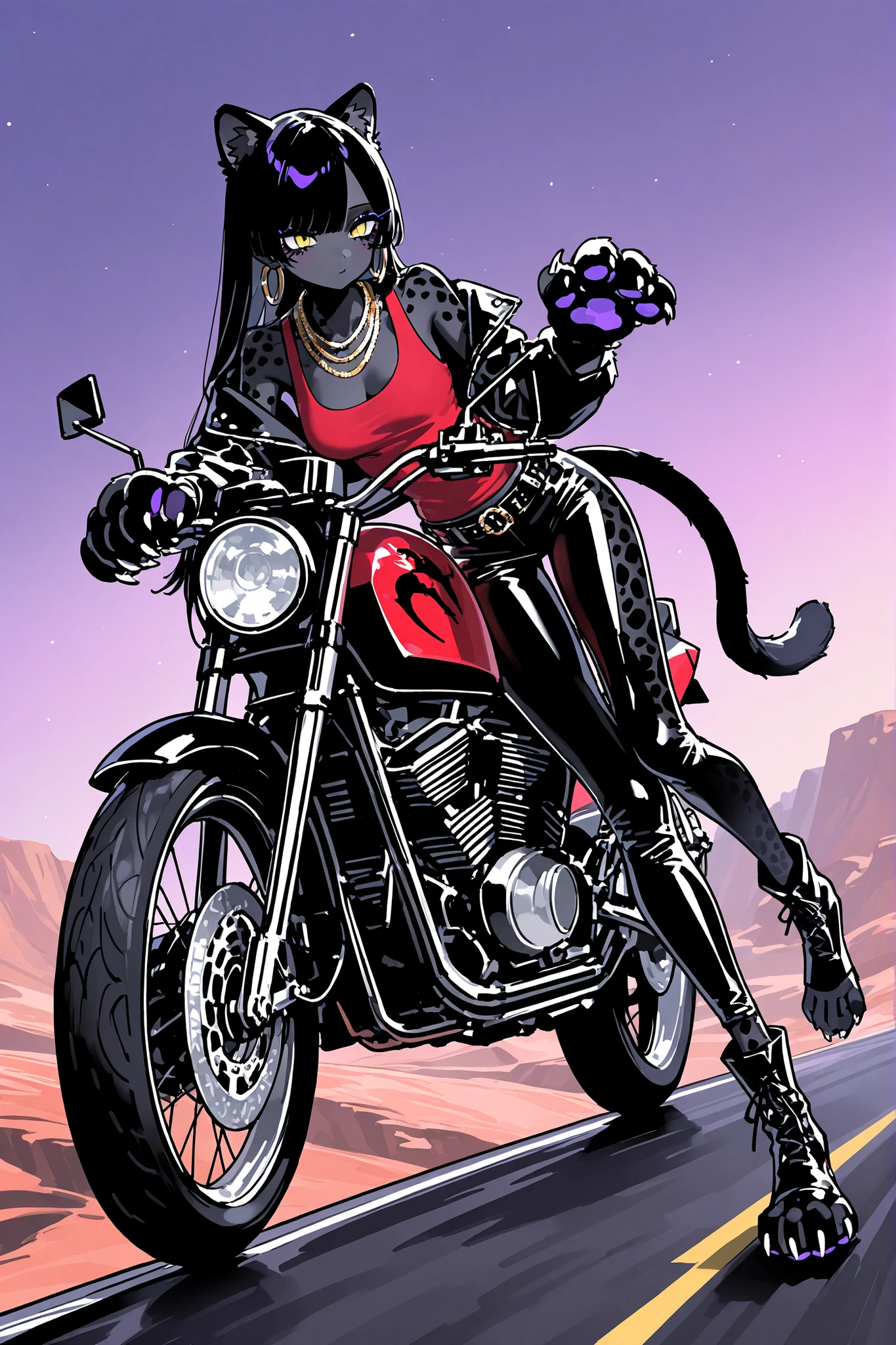 (cat pads, metacarpal pad, 4toes, claws, detailed paws,black-purple paws,Feline paws,) The girl is a furry black panther. She has a tall athletic figure and long legs. She's an African with black skin. She has black cheetah spots-print all over her body. She has black fluffy panther ears and a long black smooth panther tail. She has longest jet-black straight hair, loose hairstyle with NO bangs. She has black Gothic makeup: black pouty lips, black cat-eye eyeliner,red sharp manicure. She is wearing a scarlet tank top, a black biker leather jacket, black tight leather pants, ankle boots, and a belt with a curly buckle. She has a gold necklace and hoop earings. (In the background:a highway in the middle of a deserted canyon landscape, a purple sunset, a scarlet chopper motorcycle stands on the side of the road.)