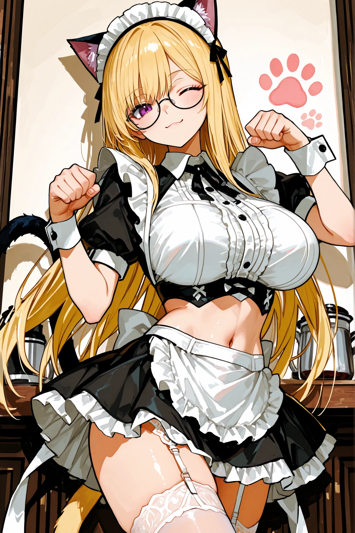 A woman with sexy round glasses、Long Blonde、Cafe worker、Kind older sister style。maid,backless maid clothes,maid apron, maid headdress,tight frild skirt,large breast。 crop top navel。mischievous demonic smile。holding a cat。 paw pose 。The background is a cat cafe,cafe in many cats。cowboy shot, from below, long shot,wink,crossed leg,paw,garter belt, soft shadows。anime style。High Quality。high resolution。8k。