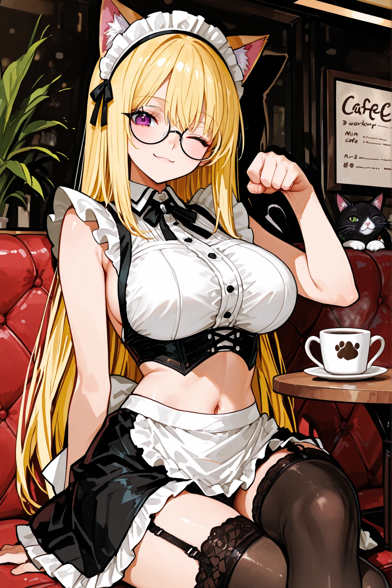 A woman with sexy round glasses、Long Blonde、Cafe worker、Kind older sister style。maid,backless maid clothes,maid apron, maid headdress,tight frild skirt,large breast。 crop top navel。mischievous demonic smile。holding a cat。 paw pose 。The background is a cat cafe,cafe in many cats。cowboy shot, from below, long shot,wink,sit,crossed leg,paw,table,sofa,indoor,coffee shop,Garter belt soft shadow。anime style。High Quality。high resolution。8k。