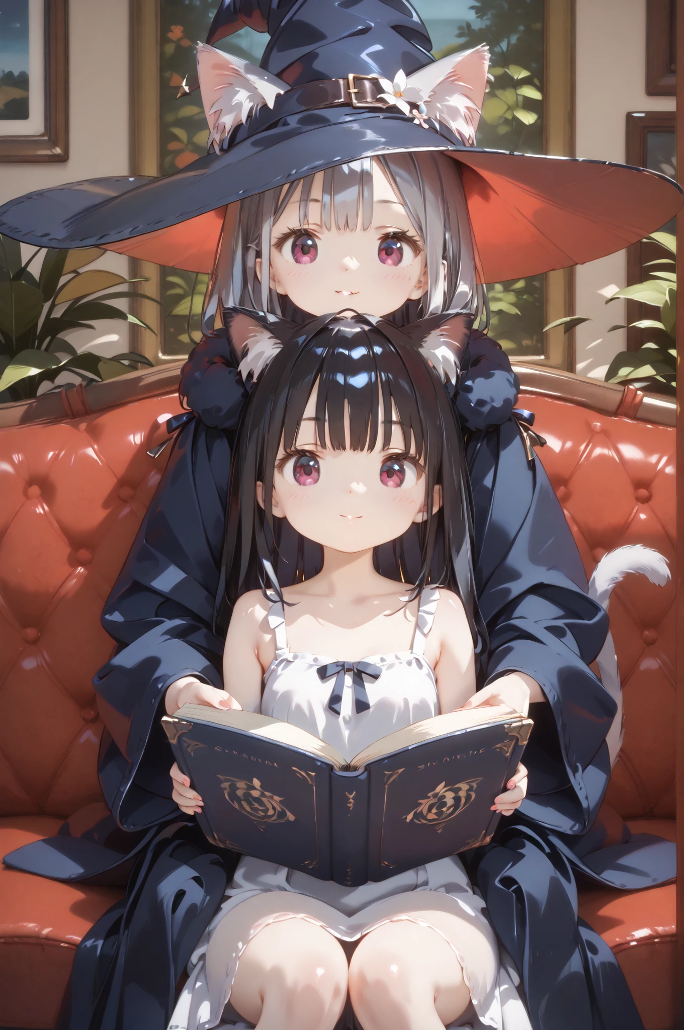 very detailed face, beautiful eyes, Long Lashes, detailed facial features,masterpiece, Highest Quality, 4K, 8k, high resolution, super detailed, HDR, 超high resolution, Ultra Precise Painting , sharp focus, Extreme Detailed Explanation, anime style,source animation ,shiny skin ,antique room、lots of ornamental plants
The witch、Black Robe、Witch Hat、gray hair、Aki Hitomi 、Girl、Age 15、 calm、reading a book on the sofa、Large leather-bound book , 2 Girls,Little girl、young、Cat ears、cat tail、Summer Dress、dark haired、Aki Hitomi 、I want you to bite、sit on the floor、puts her chin on the other person's lap