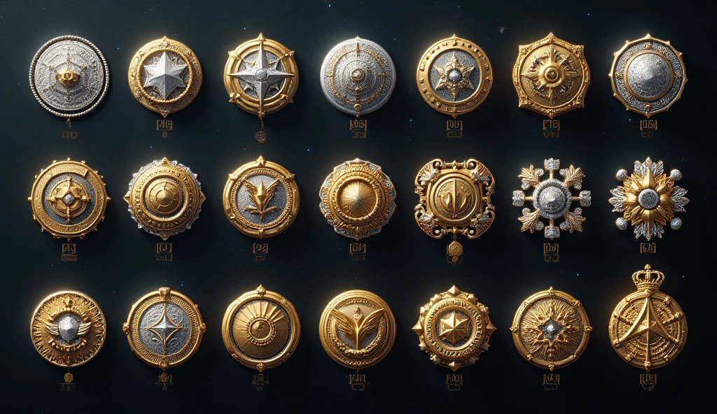 A set of flat badges in different colors, game icon assets, gold and silver shapes, game icon stylization, brave style, gold and silver elements, stylized layered shapes, military badges, game icons, Overwatch designs, game assets, medallions, holographic runes, close-ups of game design resource packs --auto --s2