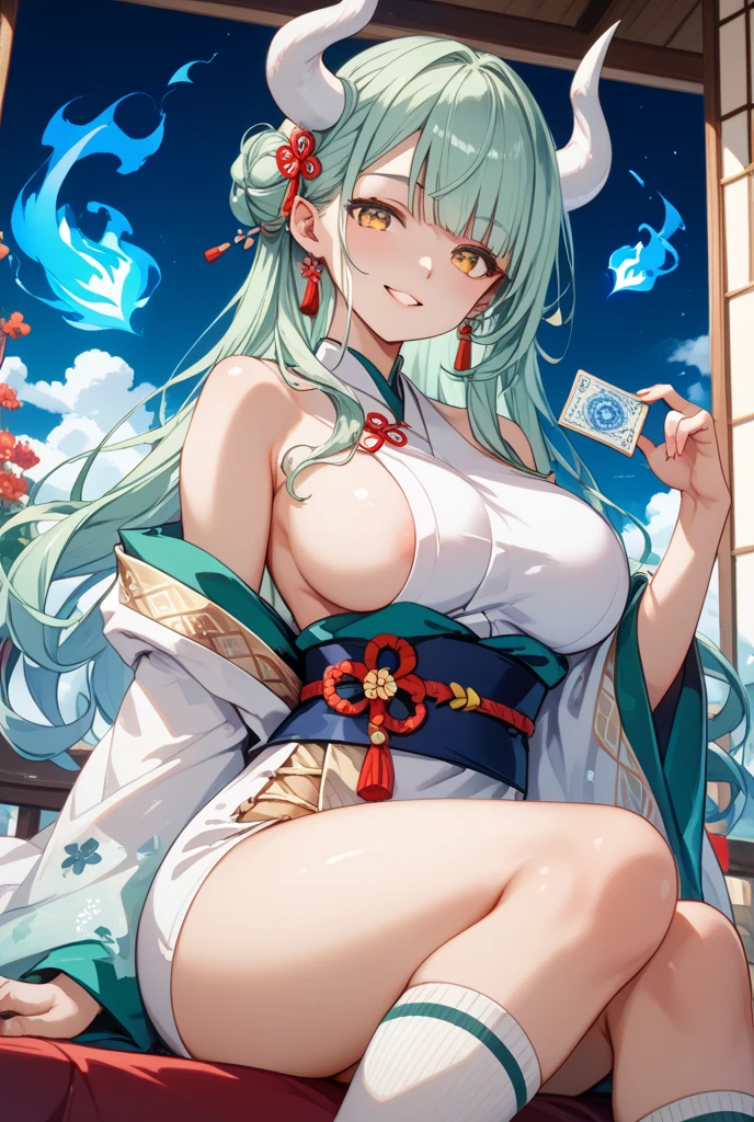 best quality, masterpiece, < <lora:2024writing:1>,2024_body_writing, 1girl, solo, sitting, blush, green_hair, large_breasts, breasts, cleavage, thighs, kimono, alternate_costume, bare_legs, bare_shoulders, chinese_zodiac, dragon, dragon_girl, eastern_dragon, fire_emblem, fire_emblem_awakening, floral_print, floral_print_kimono, green_eyes, hand_on_own_leg, head_tilt, highres, japanese_clothes, new_year, no_bra, no_panties, off_shoulder,pointy_ears, sagging_breasts, seiza, tiara, year_of_the_dragon