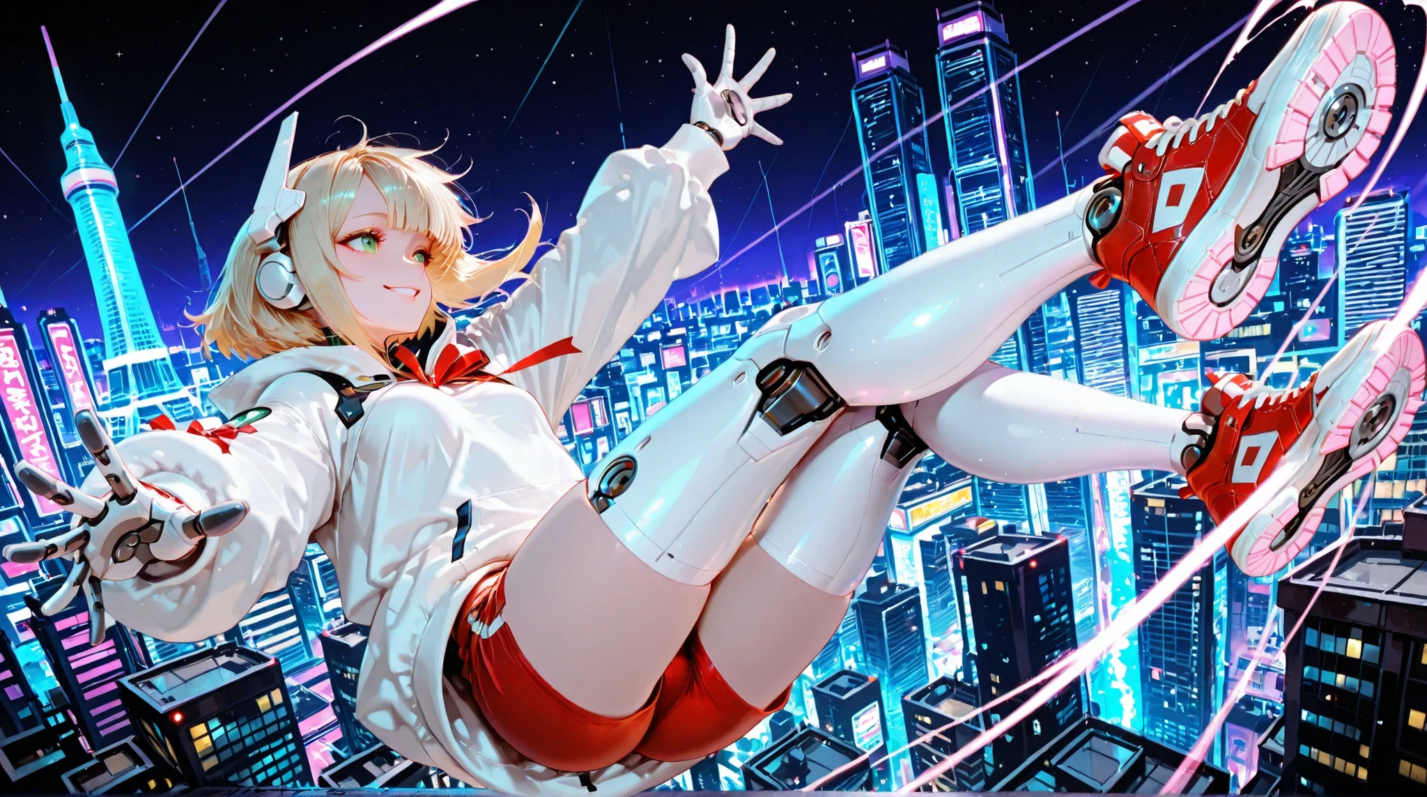 score_9,(masterpiece, best quality, dynamic angle),perfect anatomy,five fingers,8k,1girl,16years old,small breast,mechanical girl, jumping, falling from the sky above the city, on back in air,
plummeting amidst skyscrapers in the cyberpunk night city, midair view, floating among neon-lit towers, wide-angle shot, side view, looking away, parted lips, smile, large dynamic leap with legs spread, wide step forward, arms stretched wide, spread fingers, short blonde hair, long sideburns tied with cute red ribbons, (mechanical white arms, mechanical white legs:1.2), mechanical white headgear parts, glowing green eyes with light trail, oversized long hoodie, red shorts, red sneakers on feet, neon-lit background, vivid color style, stylized illustration
BREAK
(small surveillance drones chasing), purple lights glowing