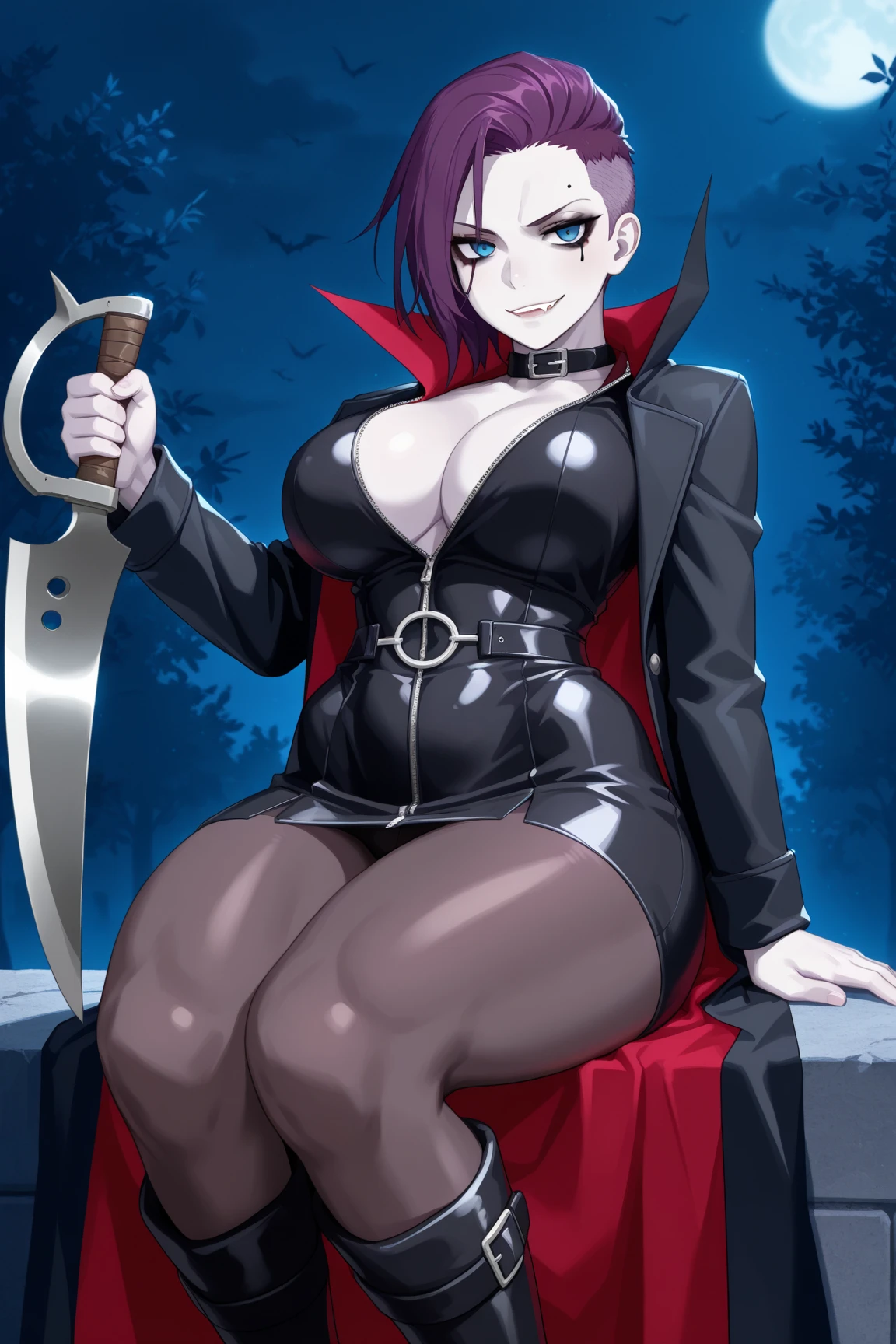 masterpiece, best quality, sumirex, low ponytail, (sharp teeth:0.8), smirk, black hat, elbow gloves, thighhighs, capelet, spiked collar, [tube top, chest bandage::0.4], navel, fantasy landscape, ((naked)), nipples, pussy,
