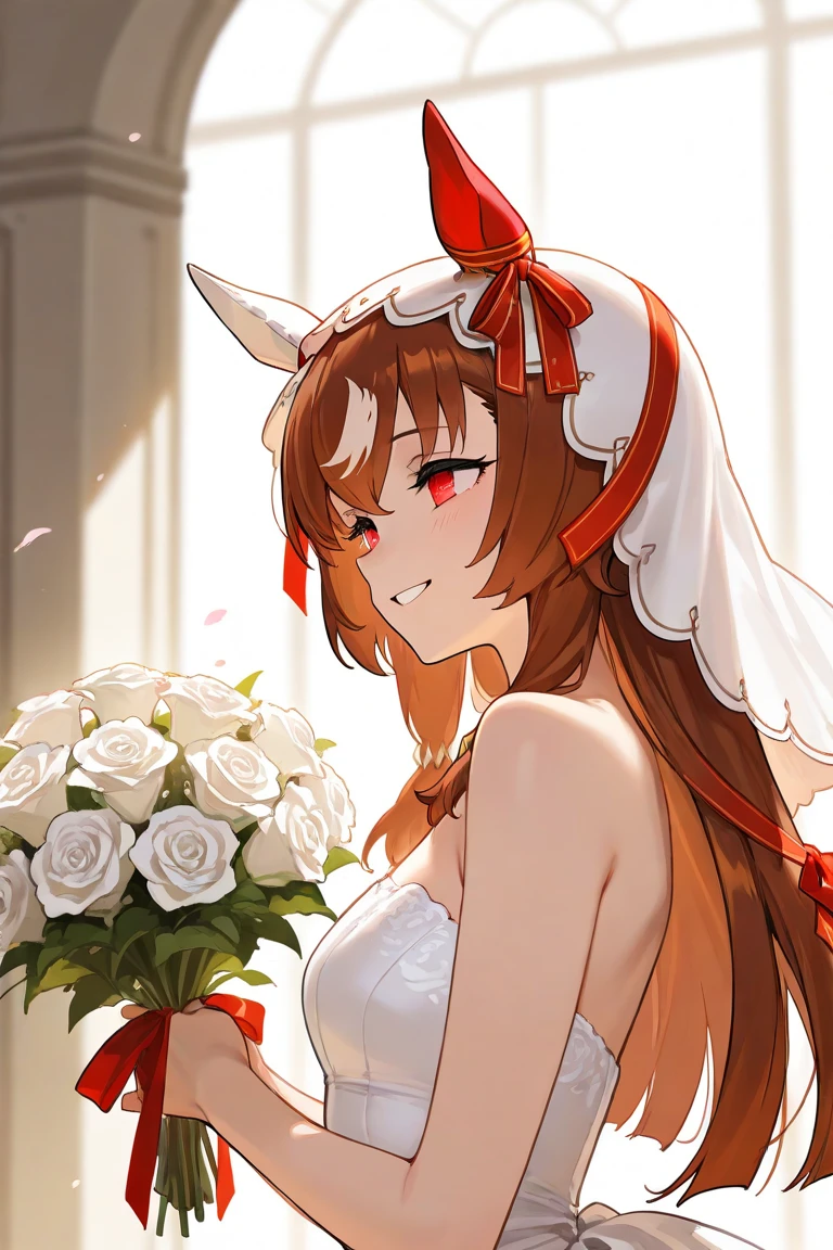 score_9, score_8_up, source_anime, 1girl, solo, Eyjafjalla, curled horns, ahoge, backless dress, bridal gauntlets, bridal veil, eyelashes, from side, looking at viewer, strapless dress, wedding dress, white dress, simple background, smile, blush, <lora:ChamPonyXLEyjafjalla:1>