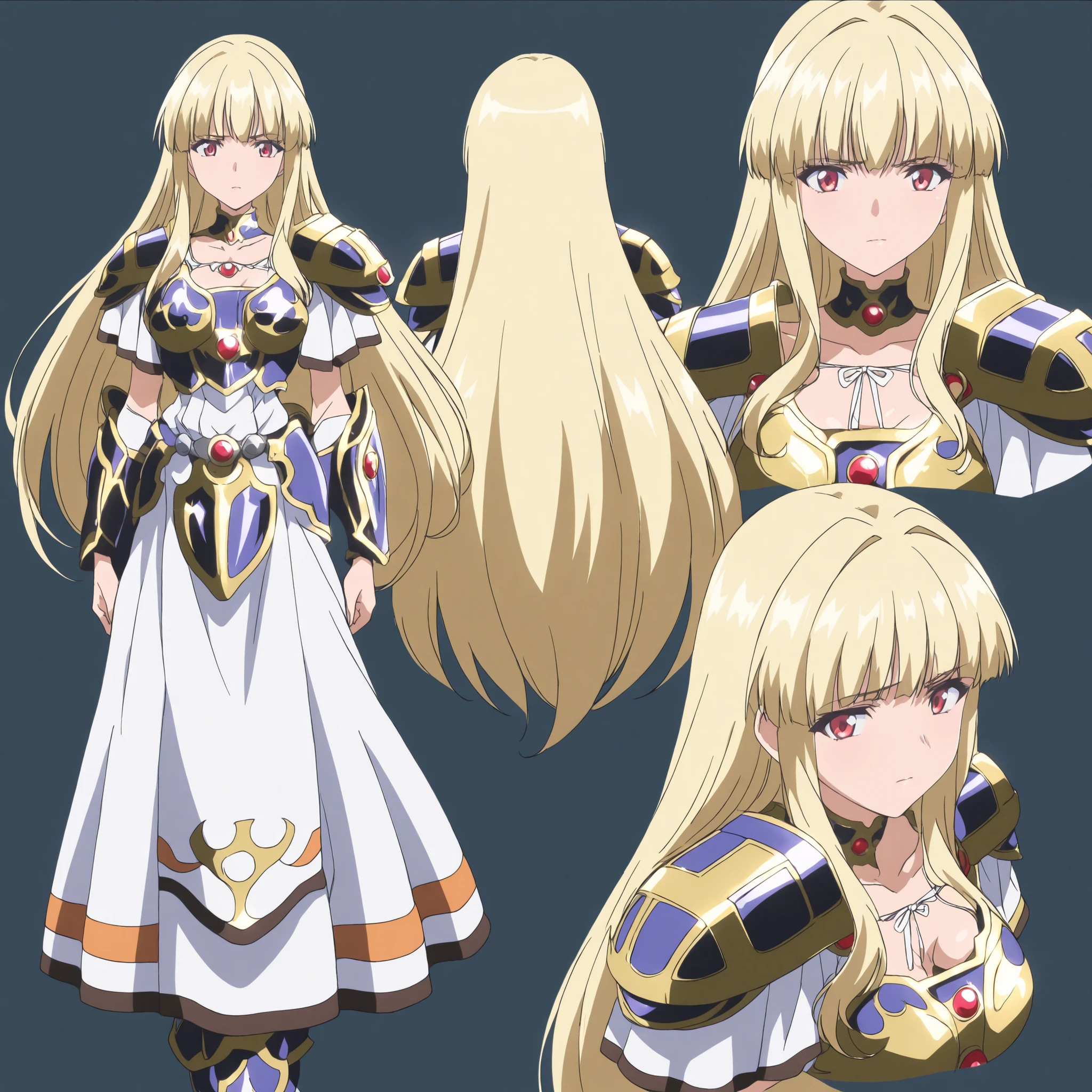 masterpiece,high score,Good score,absurdities,anime coloring,looking at the viewer,Alone, character sheet, multiple views, fondo blanco, Valkyriess character sheet, blond hair, long hair, Red Eyes,armor,neckline,armored dress,
