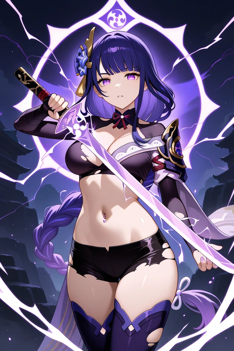 1 skinny girl, solo, light blue hair, (red and purple heterochromia), (red left eye and dark purple right eye:1.4), bending back, looking at viewer, BREAK, black plunging neckline short dress, dark yellow cropped jacket, black thighhighs, BREAK, (bouncing unaligned huge breasts:1.5), cleavage, very short torso, (inconceivably narrow waist), thin long legs, BREAK, holding a spear, BREAK, (show off crotch:1.4), desert, desert storm, strong wind, rocks at background