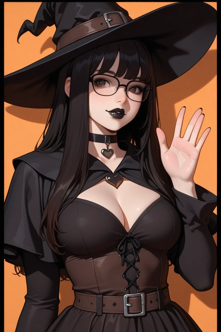 最high quality, high quality, 8k、High resolution,Highest quality、solo、Open Mouth Smile、An anime character dressed in black clothing, wearing a black hat and glasses, Frivolous anime witch casting a spell, A strong and plump female magician, , chic, Anime Moe Art Style, Cute Witch, I also make fan art, Sky Witch