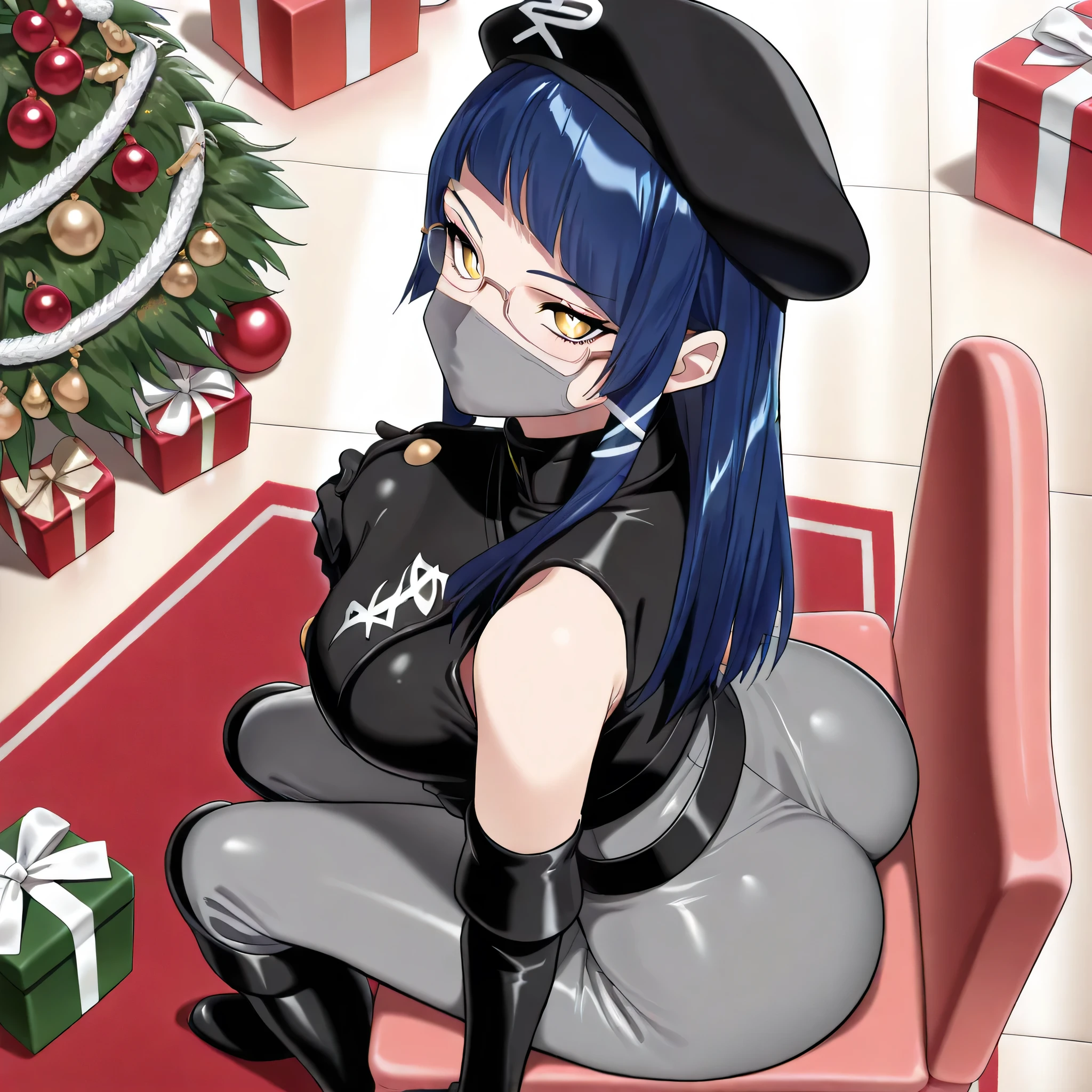 (((Masterpiece))), (((Best Quality))), ((Super Detail)), ultra-High resolution, score_9,score_8_up,score_7_up,score_6_up,score_5_up,score_4_up, BREAK, source_anime, anime screencap, uncensored, Masterpiece, (absurdres), (detailed background), (very aesthetic), detailed beautiful eyes, outstanding, an exquisite animation illustration, curvy, highres, dark persona, black beret, (((mouth mask))), grey bodysuit, black vest, black gloves, elbow gloves, black belt, black boots, knee boots, (((solo, 1girl))), hair ornament, seductive pose, submissive pose, anime style, anime coloring, animification, megami magazine, sexy pose, large breasts, maia azuma, long straight blue hair, blue hair, angled straight bangs, long hair, white ribbon in hair, glasses, narrow yellow eyes, yeloow eyes, white pupils, wide hips, party, christmas, christmas, indoor, looking from above, from above, view from above, sitting, sitting on chair, present box, finger on breast, tilt head, contrapposto, head tilt, looking at viewer, side ass, looking from side, view from side, from side, hand on breast