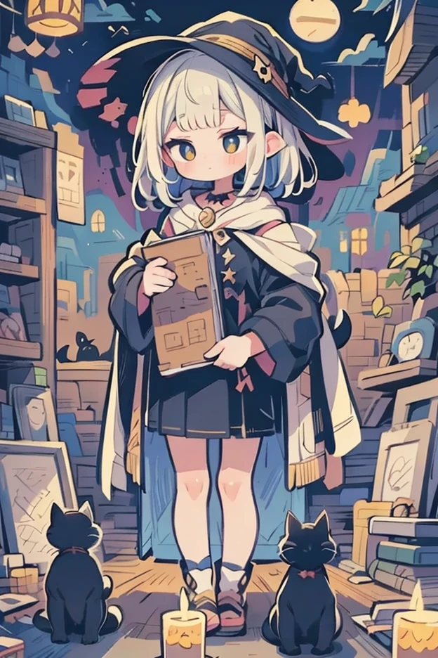 A witch and her black cat participate in an ancient ritual in a clearing lit by floating candles. The cat plays an active role, holding an open magical book in its paw.