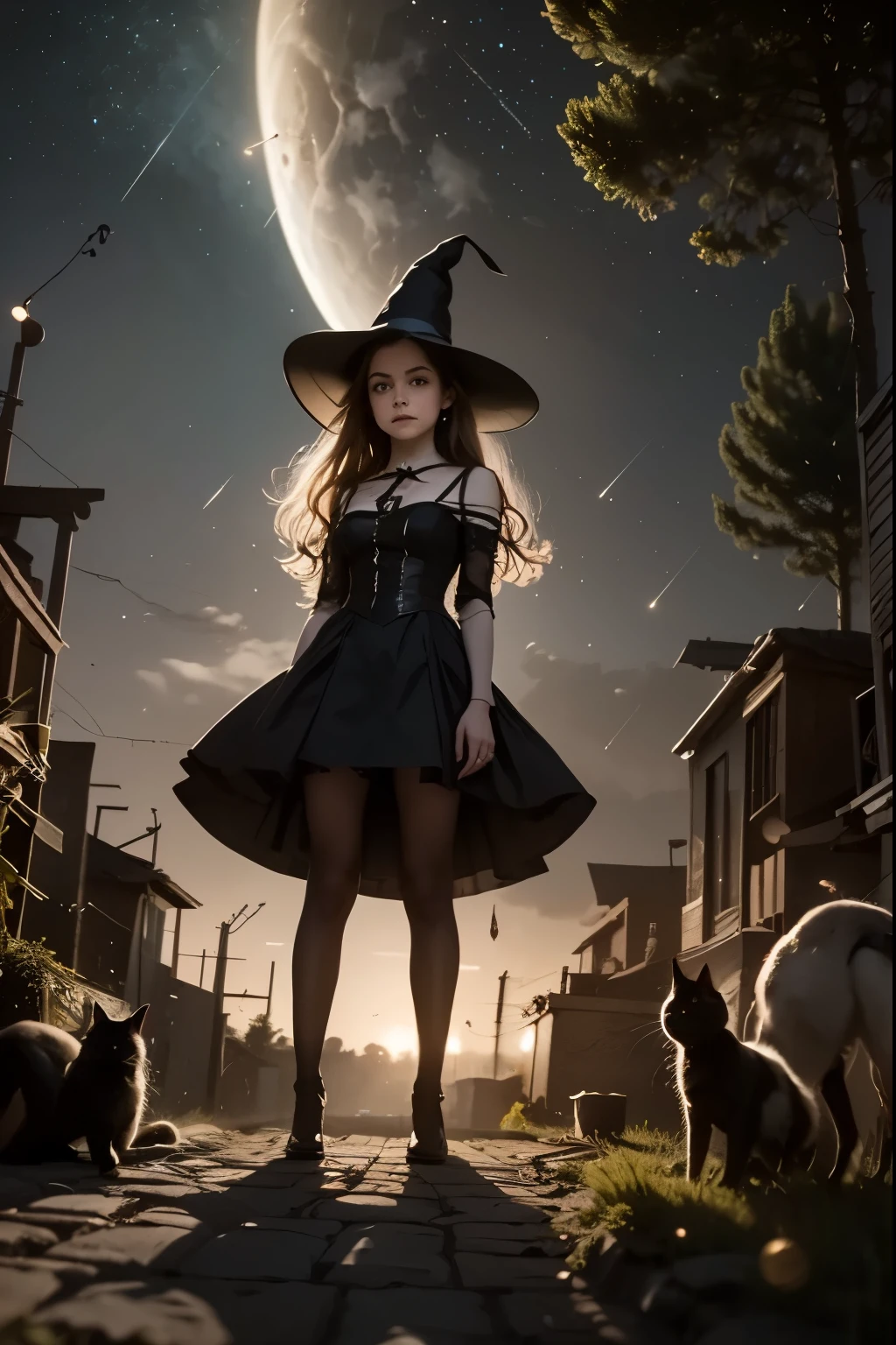A young witch and her black cat gaze at the stars from a city rooftop, while small spells float through the air like magical fireflies.