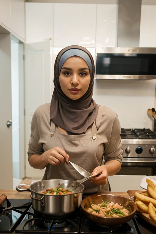 Visualize a high-tension, photorealistic scene within a kitchen, where a menacing mutant king crab emerges dramatically from a boiling pot. The crab is mid-air, claws outstretched, as it lunges towards two startled Malay girls in hijab wearing pastel blue and white floral pattern baju kurung. The girls, in an instinctive reaction, adopt poses of shock and defense. The lighting in the scene is intense, emphasizing the steam and chaos. Every detail of this dramatic encounter is vividly captured to convey the suspense and intensity of the moment, pastel color theme, high quality, movie shot framing, ultra detail, 8k,