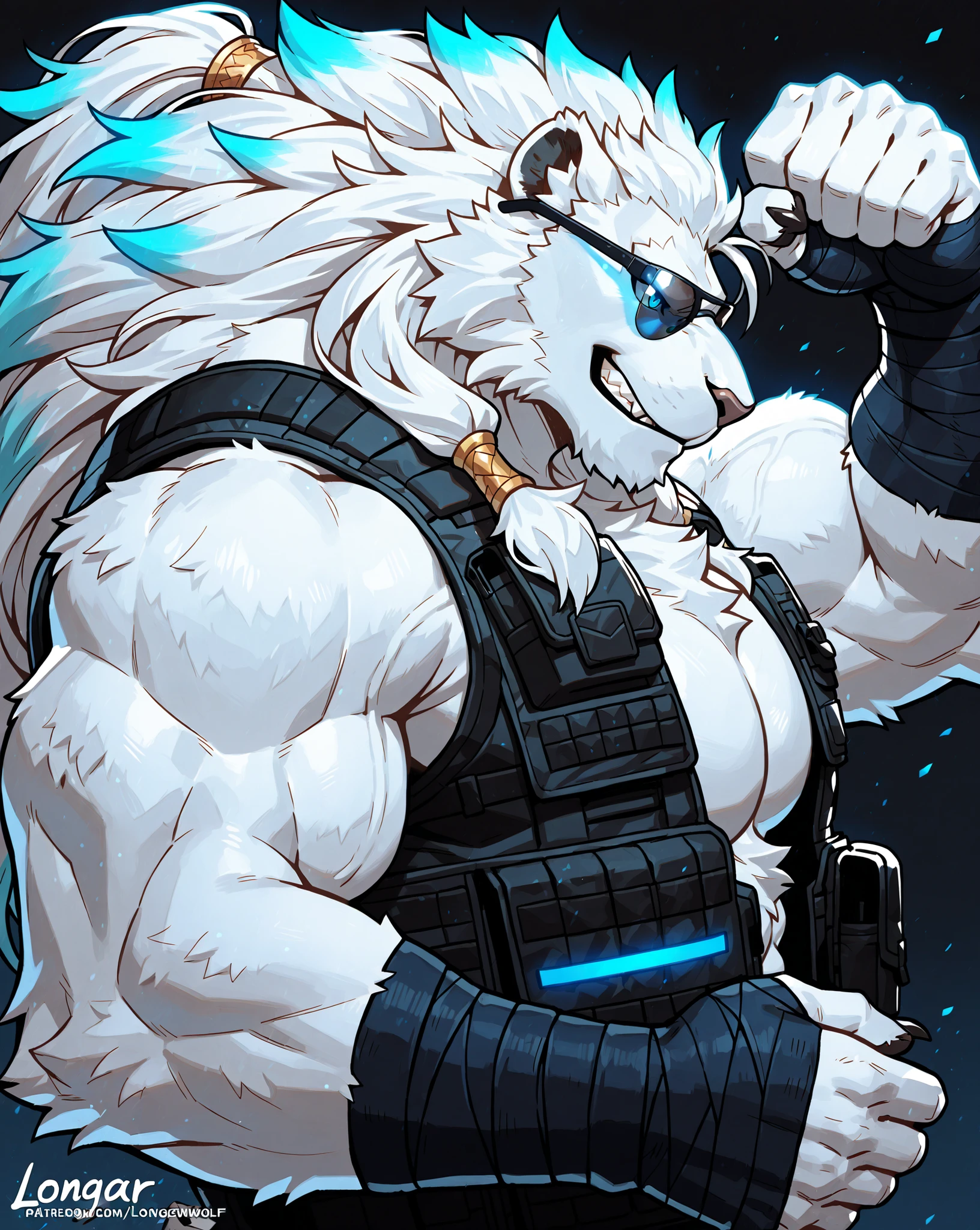 solo, anthro wolf, muscular character, shirtless, wallpaper quality, close-view chest-up portrait, (Rengar, lion, blue eyes), male, furry, fluffy fur, furry body, white fur, white body, (blue eyes), blue glowing edges, glowing blue highlights, simple background, (big muscles), (tactical vest, wrist wraps), masterpiece, bara, close-up pose, correct anatomy, correct hands, best quality, (pectorals), sunglasses, heavyweight, , longhair, dark shadows, (from side, sideview), smirk, streetwear,