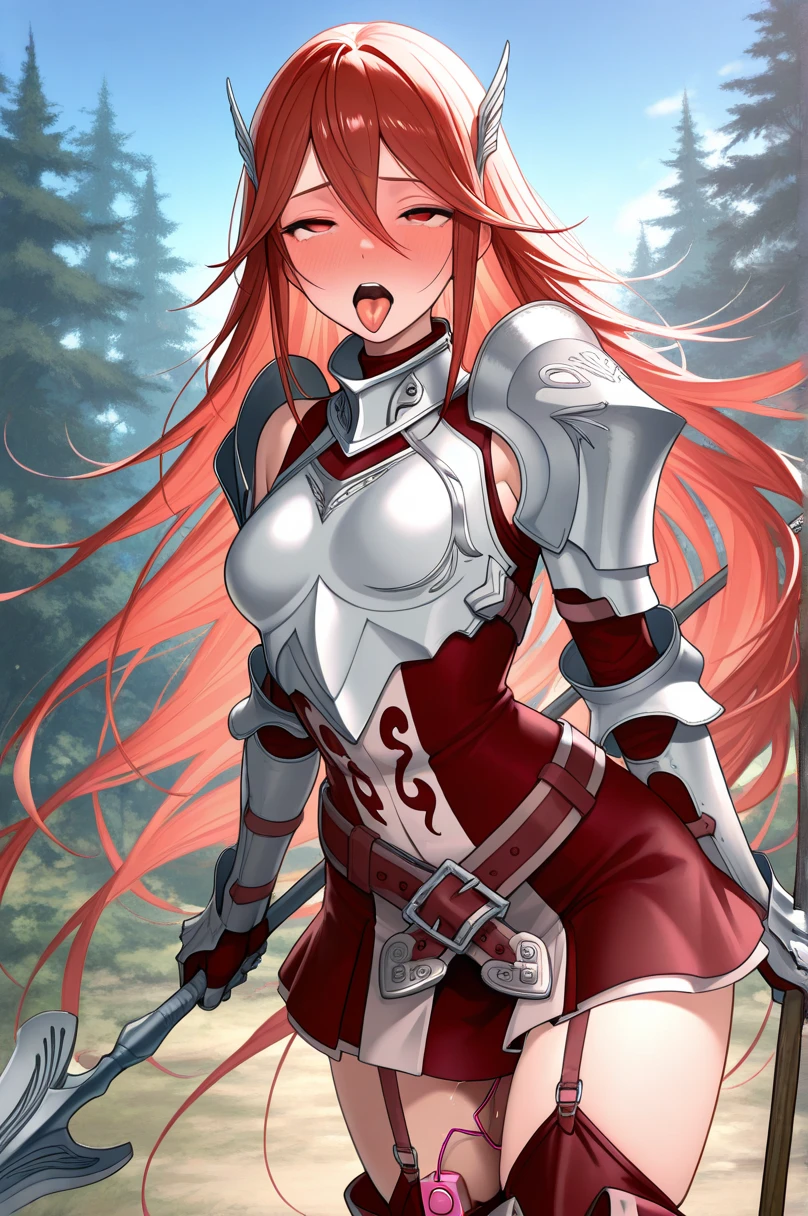 1girl, cordelia fe, hair ornament, red eyes, red hair, wallpaper, landscape, depth of field, night, night sky, light particles, light rays, sidelighting, thighs, armor, breastplate, gauntlets, red skirt, belt, garter straps, thighhighs, cloud, (arms at sides, from side, turning head), serious, <lora:cordelia:1>