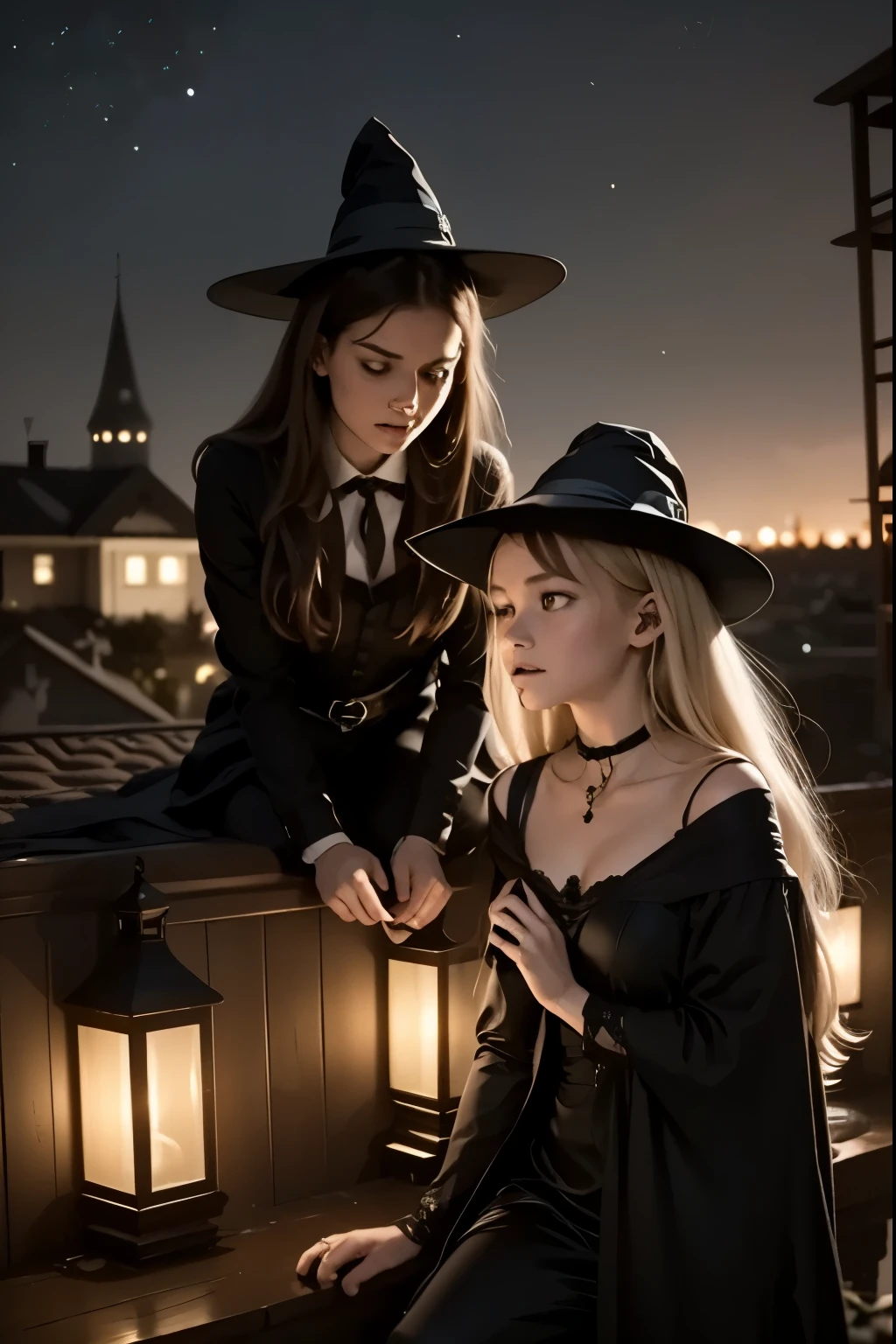 A young witch and her black cat gaze at the stars from a city rooftop, while small spells float through the air like magical fireflies.
