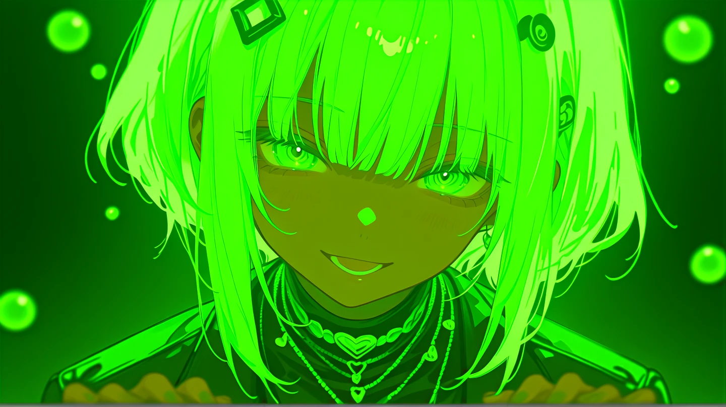 1girl,solo,(tomboy:1.2),upper body,
black hair,(very short hair, long sidelocks:1.2),
red eyes,looking at viewer,full-length portrait,
smile,closed mouth,
black bra,cleavage,sleeveless,bare shoulders,
choker,
neon background,simple background,
<lora:Tomboy:1>,ultra high res,visually stunning,incredible details,(dark art:1.1),deep shadow,(dark theme:1.2),<lora:n3on - Style2>,(((n3on))),(((neon))),