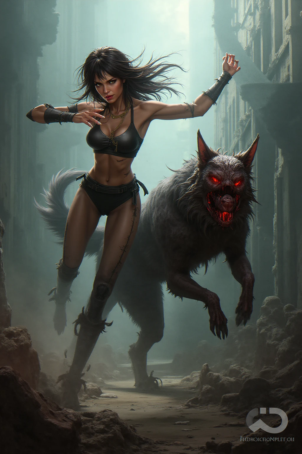 Woman with long black hair, white skin color, blue colored eyes, and black fighting gear without a neckline. She is fighting cruel monsters.