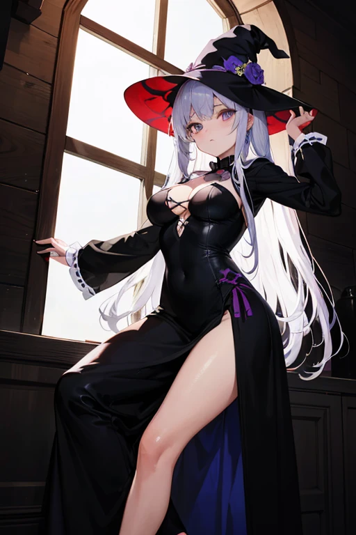 1girl,ayachi nene, <lora:AyachiNeneV1:1>, belt, witch_hat,skirt,cowboy shot, cleavage, large breasts, indoors,bedroom, hand on hip,