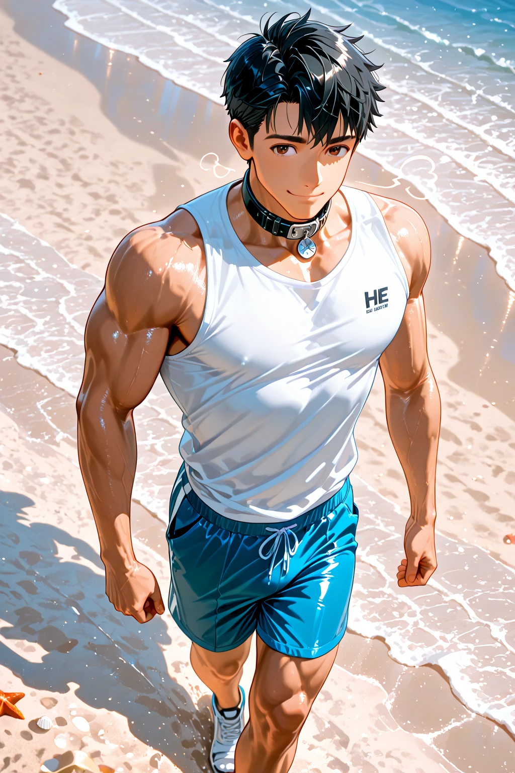 A muscular man wearing green and white fitness clothing,Cool hairstyle,Beach,