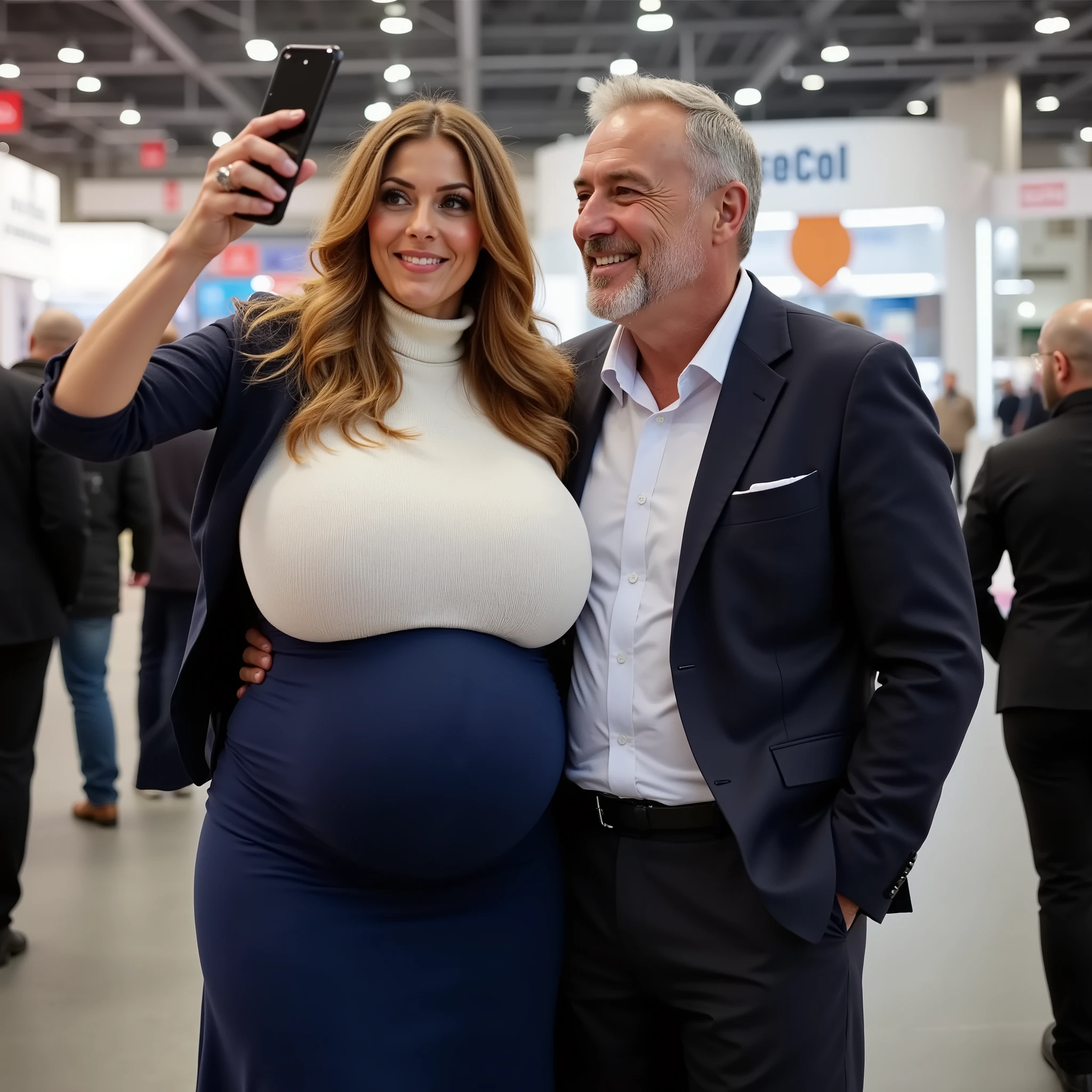 
A 40 years old very beautiful hostess on a trade fair, long dark blonde wavy hair falling a little erotically over her left shoulder, pregnant belly, she has huge massive low hanging sagging big breasts , ihre extrem riesigen und schweren Brüste hängen bei ihr hinunter bis zum Gürtel, ihre riesigen Brüste hängen hinunter bis zum Gürtel, large ass , wide hips, high resolution, 4k. person full in frame, from head to toe.

The beautiful hostess is posing for a selfie with a 70 years old male customer at the very crowded trade fair. Both persons are standing close to each other and the male customer holds the smartphone high to take the picture. The hostess is impeccably dressed in a cozy white knitted turtleneck top, a dark blue business jacket,  dark a blue very long business skirt reaching down to her high heels. 