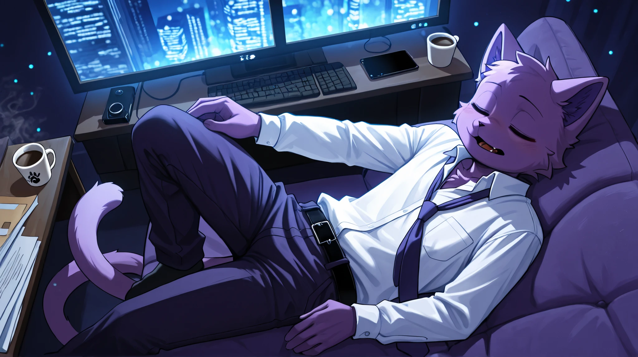 Highest Quality, super definition, loose tie hangs {x} Masterpiece main character：
purple cat,purple fur, furry, slim figure, young man, Cat ears,   unruly clothes：
large white shirt, loose necktie, bird's-eye angle from above, Bare Chest, tired details, loose tail, Disheveled hem, falling asleep posture：
lying on the couch, slacks with loose belt, loose necktieが垂れ下がる, slightly open lips, tousled bangs, relaxed expression,  expression showing signs of fatigue：
Scattered Documents, Fallen Smartphone, blue light on the computer screen, 緩んだCat ears, loose tail, coffee cup at hand, Indoor Environment：
 Night Office Room, warm light from desk light, night view of the city from the window, A messy desk, Piled Up Documents, light and shadow：
soft indirect lighting, loose tail, Reflections of the city lights, Deep Shadow Contrast, Atmosphere Production：
Fatigue after overtime, A comfortable night's sleep, gentle expression, Quiet Night, Camera Angle：
slacks with loose belt, Composition Capturing the Entire, soft bokeh