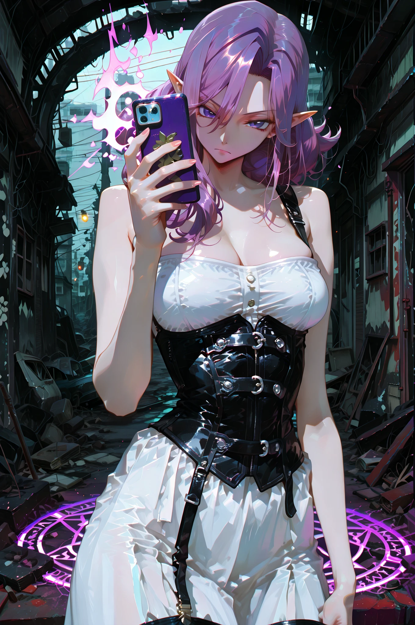 masterpiece, best quality, amazing quality, very aesthetic, high resolution, newest, hyper-detailed, (long shot),solo, female character, ((Cornelia from Code Geass)) pointed ears, elf ears, Milf, medium breasts,chubby dody, mischievous look, wearing contemporary fashion clothes, a sensual leather corset, carrying a cell phone in one hand, standing on a magic circle that glows incandescently, a modern city in ruins and wreckage on the background, fan art