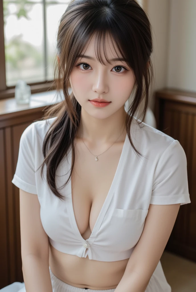 (Best-quality, Masterpiece, Ultra-High-Resolution, (Photorealistic:1.4), Raw Photo, depth of field, professional lighting, perfect anatomy, extremely details), front-view, from above, upper body, 1girl, 15-years-old, the most famous Japanese idol, ((in extremely cute interior room)), ((wearing loose-fitting T-shirt with deep-neckline)), (extremely cute face like the most popular Japanese idol, ((extremely cute and extremely big black eyes)), extremely beautiful black-long-hair, ((extremely beautiful and extremely realistic skins)), extremely cute long-eyelashes, extremely cute lips, extremely cute body), leaning forward