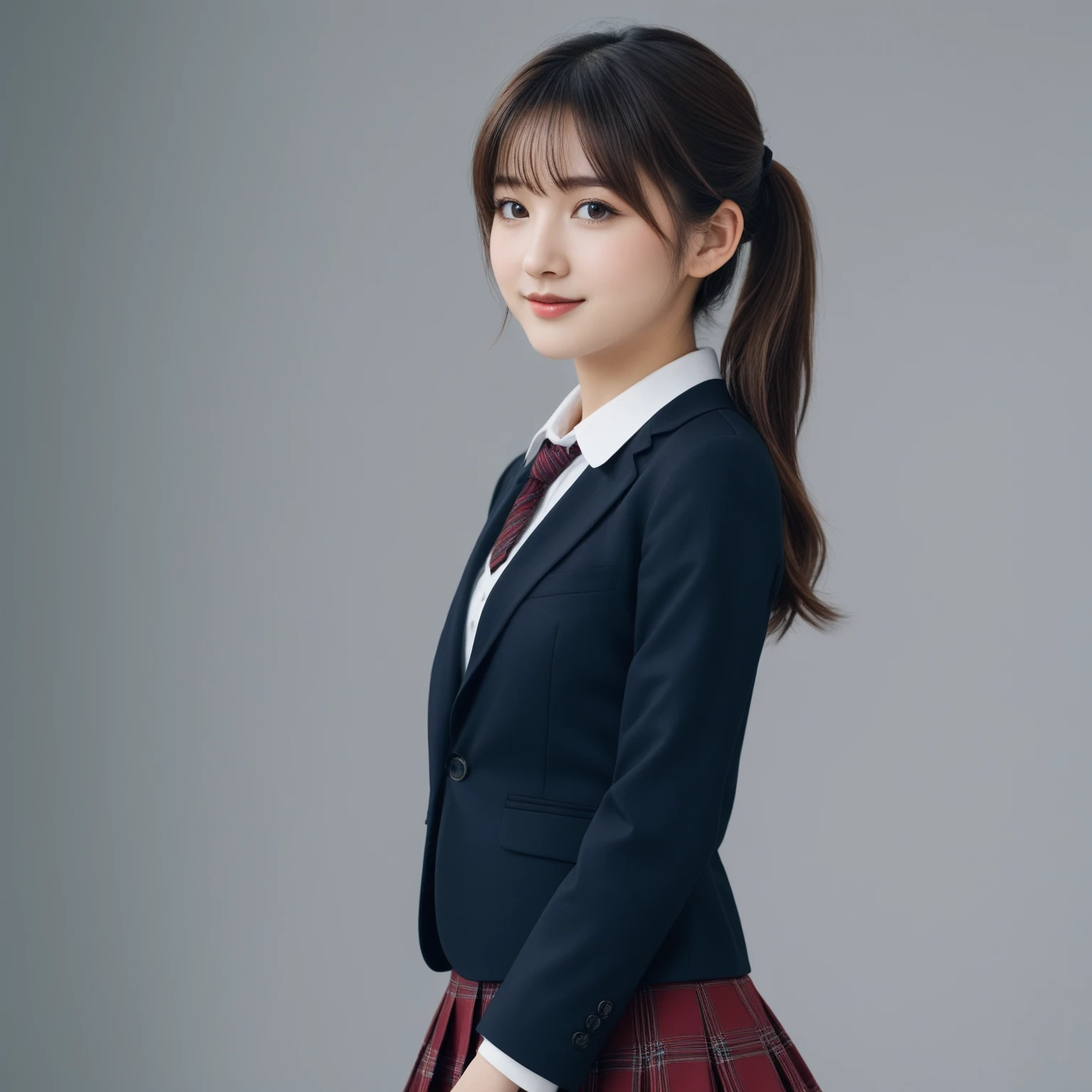 (masterpiece, highest quality:1.4), Award-winning portraits, 8k, 85mm, alone, Beautiful Face, Delicate girl, , (Dark navy blazer jacket, Put your arms behind your back, Close your face:1.2), Dark Navy Skirt, Long sleeve, Sophisticated, cute, Teen, Looking at the audience, 15 years old, RAW Photos, Confused, High resolution, Sharp focus, Background blur、(((Flat  、thin and delicate body、Childish atmosphere)))、shiny semi-long hair、ponytail、Mole on the left cheek、 Dark blue eyes、Random Pause、the skirt is swaying in the wind、Hair swaying in the wind、sexy