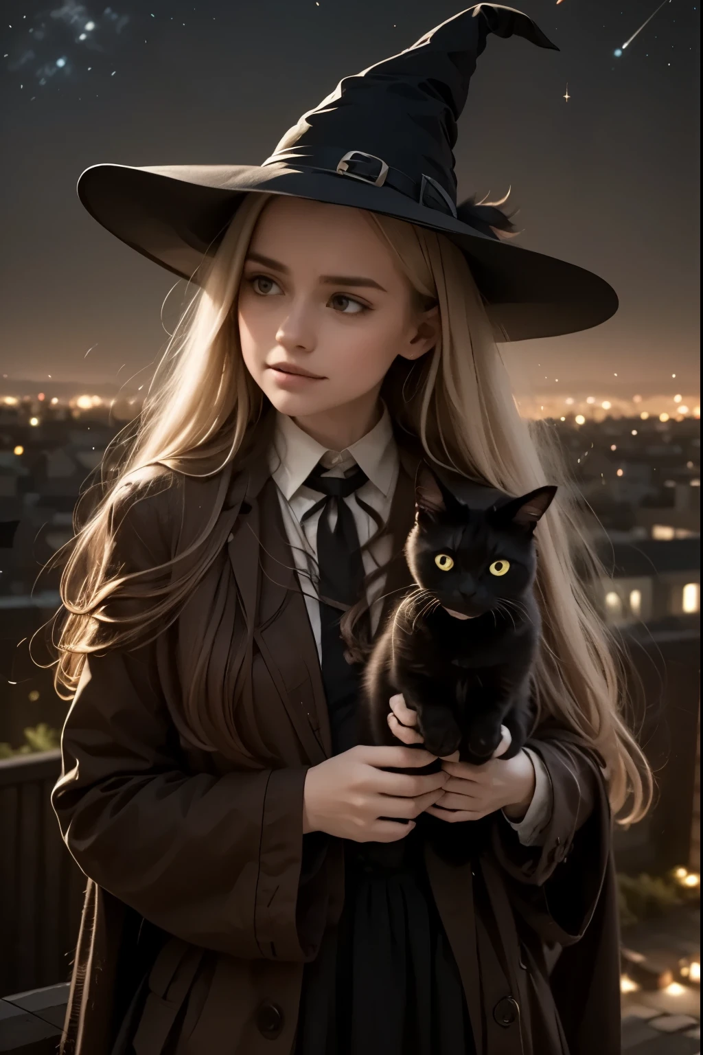 A young witch and her black cat gaze at the stars from a city rooftop, while small spells float through the air like magical fireflies.