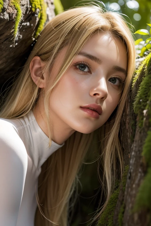 Strong light, Strong contrast, In an open-roofed cave、Sunlight shines through green moss and ferns。,  And open( Sea view:1.1) The bottom, Cel-shaded rendering, 4K,  360 degrees, Equirectangular projection, what, 1girl, Woman in her 30s､A beautiful woman､long blonde hair､White  leotard､White long boots､white arm cover､masterpiece, 最high quality, high quality, High resolution, (((Face close-up)))