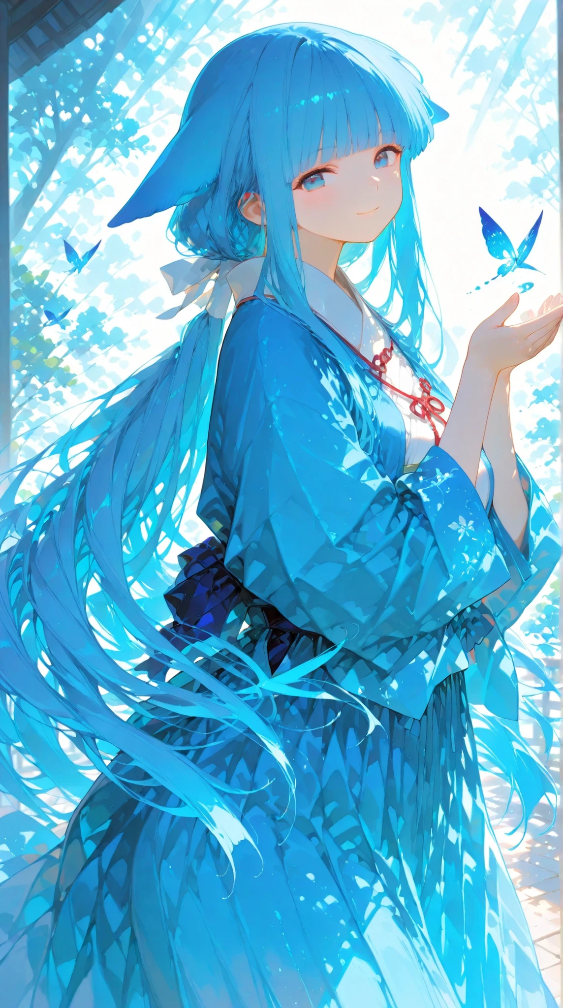 , japanese clothes,,very long hair, blunt bangs, sidelocks, hime cut,,hair ribbon, long hair, blunt bangs, sidelocks, low ponytail,,Cute, Outstanding Work, Slightly Realistic, High Quality Extraordinary, Very Beautiful, Super High Resolution, High Resolution, Anime Style,, 1 Woman, Long Hair,  Bright Blue Eyes, Bright Blue Dress, Windy, Flowing Dress, Smiling, Looking at the Viewer, Running a Hand through Hair Behind Her Ears。Mature women