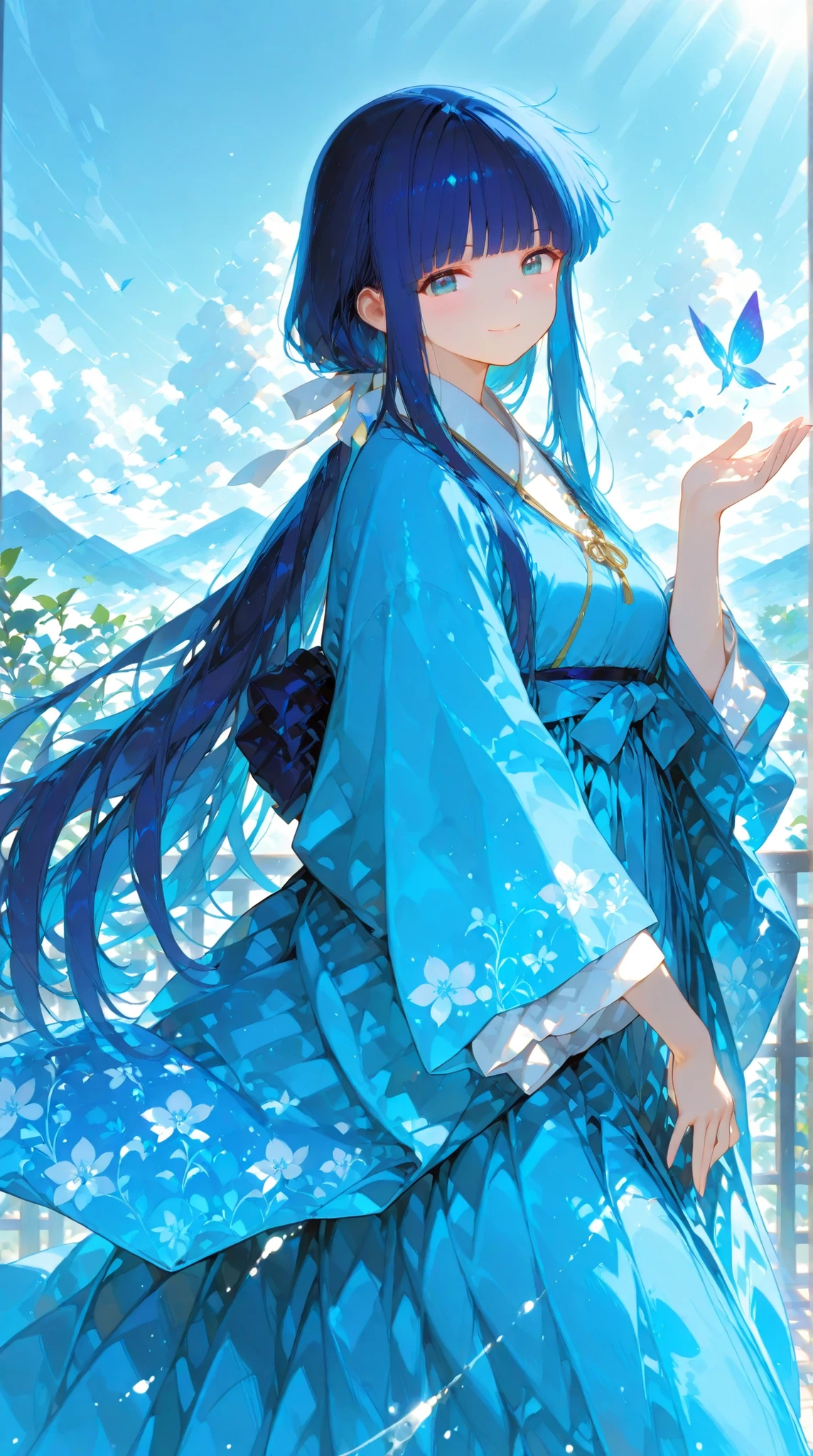 , japanese clothes,,very long hair, blunt bangs, sidelocks, hime cut,,hair ribbon, long hair, blunt bangs, sidelocks, low ponytail,,Cute, Outstanding Work, Slightly Realistic, High Quality Extraordinary, Very Beautiful, Super High Resolution, High Resolution, Anime Style,, 1 Woman, Long Hair,  Bright Blue Eyes, Bright Blue Dress, Windy, Flowing Dress, Smiling, Looking at the Viewer, Running a Hand through Hair Behind Her Ears。Mature women