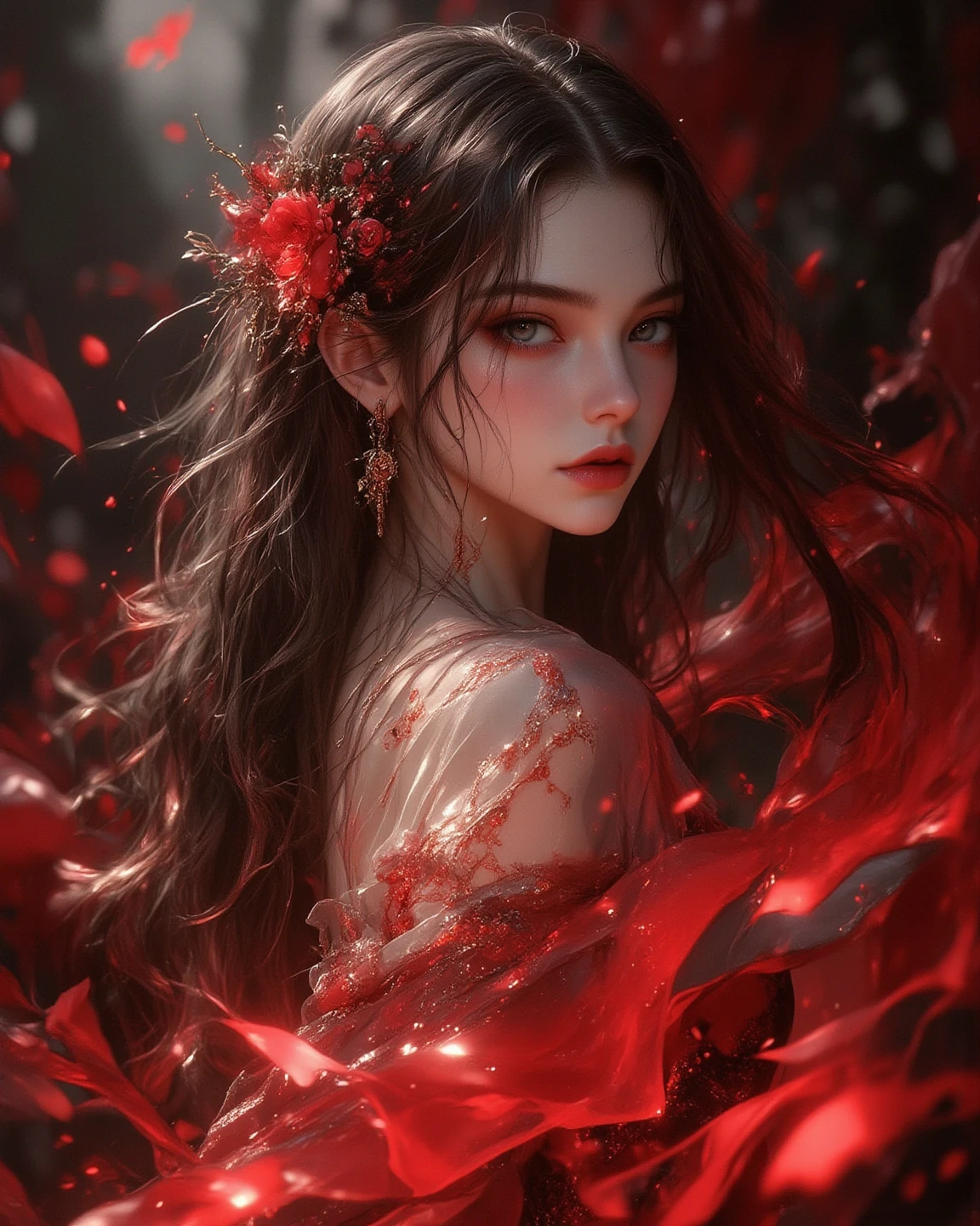 A poetic photography capturing a girl in elegant jin clothes, surrounded by swirling ink fluid effects. The girl's attire is adorned with intricate patterns, and she stands gracefully amid a sea of red and black. Her expression is serene as she gazes into the distance, lost in thought. The ink fluid gracefully dances around her, creating a dreamlike ambiance. Photographed in an intimate setting with soft lighting.