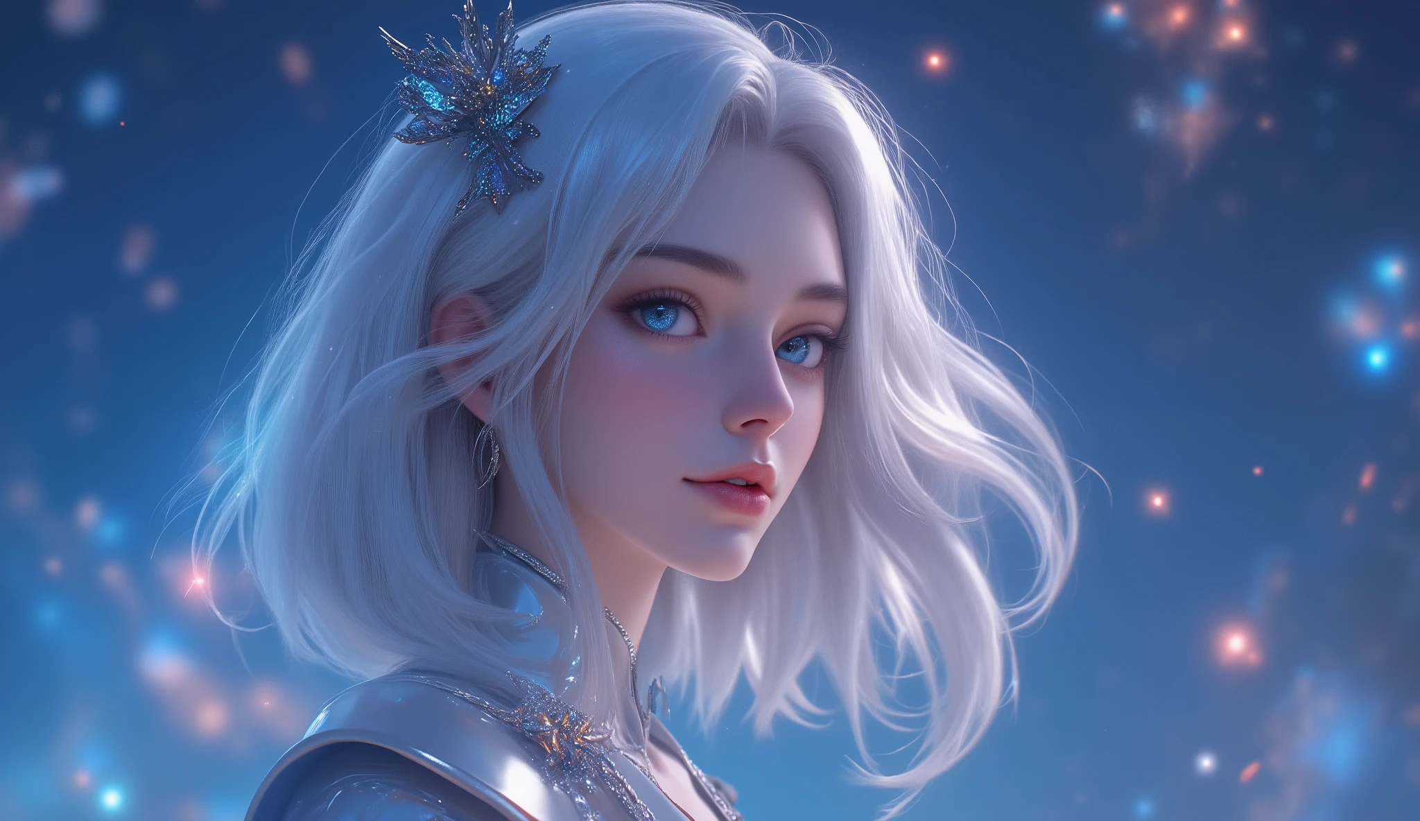 high image quality, super detailed, best quality, high resolution , 8k, formal art, Beautiful young single women , Medium length platinum hair , Flying hair , beautiful blue eyes , pink lips , A neat and beautiful nose, detailed face description, big boobs, Look at me and smile, Biologically correct body, A healthy and balanced body, Detailed fantasy 4K , Beautiful fantasy queen , 2. Artwork Anime Magic CGI 5D , wow Detailed fantasy 4K , very unrealistic , super detailed, context, starry sky, meteors , Hawky star , Sparkling stars in the shape of a cross , CG detail, close-up of the upper body,