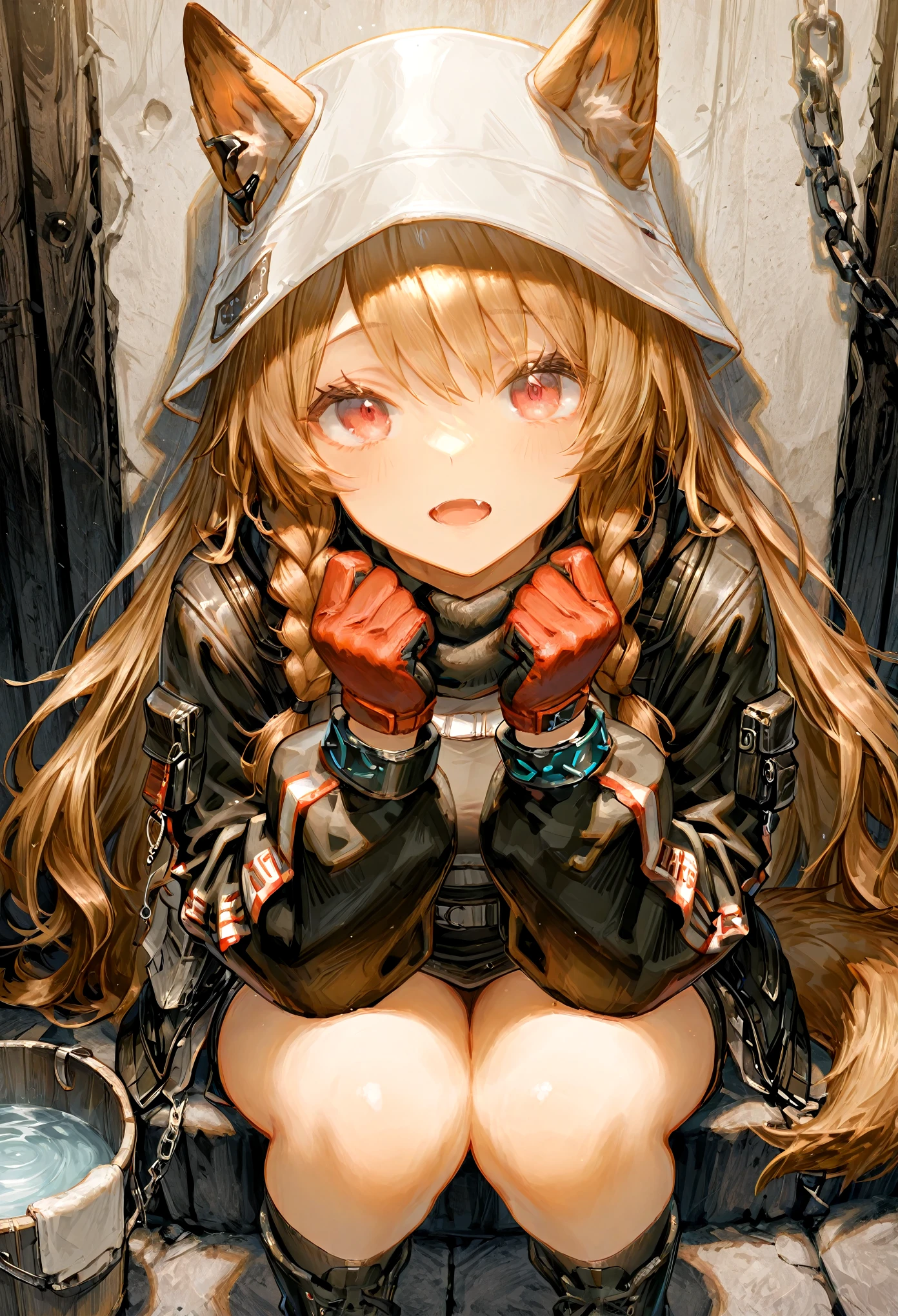(best quality,highres,masterpiece:1.2),ultra-detailed, 1 girl, harmonious finger proportions, close up , close up view, Close-Up(CU), ceobe_\(unfettered\)_\(arknights\) , open mouth, fang, red eyes, brown hair , dog tail, dog ears, twin side braids , ears through headwear , bucket hat , black jacket ,red gloves , chain , black long shirt, black scarf,black socks , black_boots,