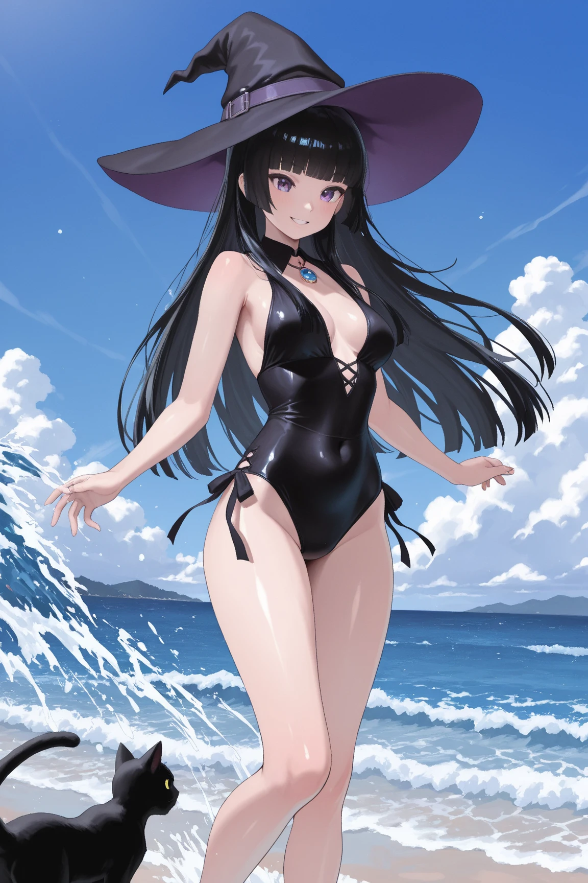 <lora:YueAyase-10:.8> ayase yue, solo, twin braids, purple hair, long hair, bell, ahoge, witch hat, black swimsuit, pool, petite