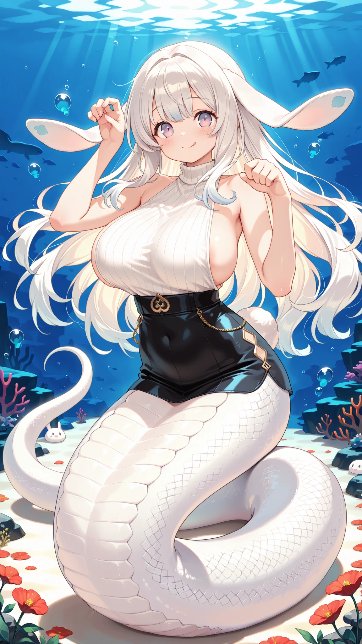 1 female, big boobs,MALICE Pawn March Hare, blush,White hair,White Sleeveless Sweater,Paw Pose,Red Circles,(Underwater:1.2),seabed,full body photo,Rabbit ears,masterpiece,Up to,HD,very beautiful,cute,absurd,(All five fingers ),Beautiful Woman,White snake tail ,lamia,Beautiful woman,The lower half of the body is a white snake tail,Smile,Slightly shy,No,Spit Out Your Tongue