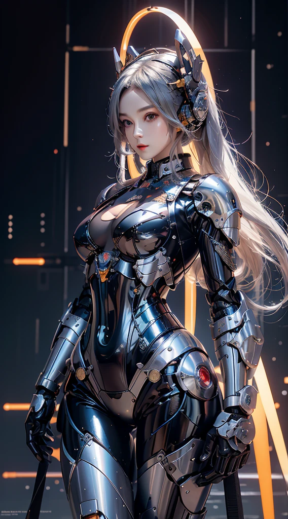 Beautiful Face,face is Japan, 1 Woman, Big, Curvaceous, (16k, RAW photo, top quality, masterpiece: 1.2), (HDR, Realistic, Photorealistic: 1.37) (tube attached to the body), (Bikini Cyborg robot parts)))), (light gray hair), Long hair, Wavy hair, Twin tails, Medium shot, ( Seductive smile)), (black eyes), princess cut,from below,(whole body),posing,,in the lab,( tube connected to blood vessel),((mechanical vertebrae attached to the back)),((mechanical neck attached to the neck)),(wire cable attached to the head and body),(character focus),science fiction,perfect female figure,perfect anatomy,ultraanatomy, Full body shot, up to 4 fingers and 1 thumb relationship,