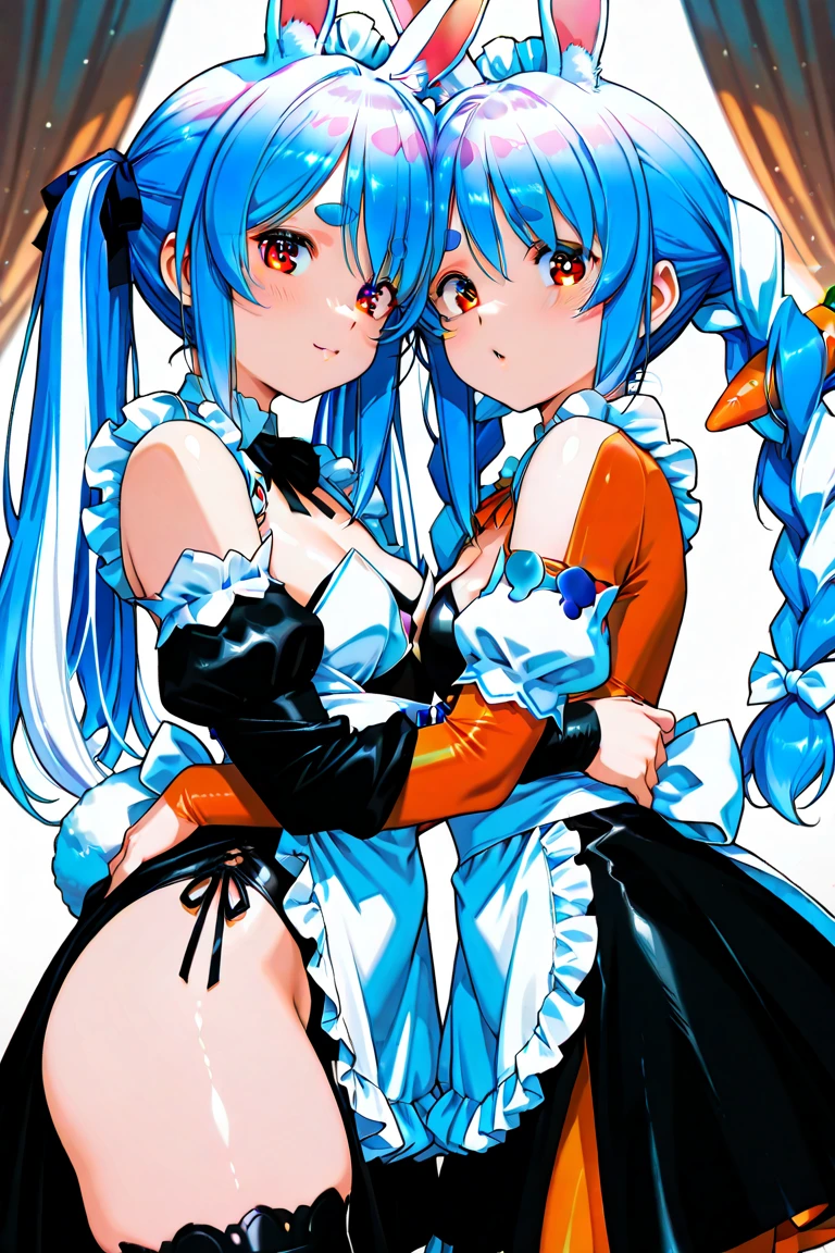 incredibly absurdres,wallpaper,realistic,photo_(medium),sparkle_background,2girls, (Rias Gremory) and (Rem re zero),maturity,shiny_skin,plump,gigantic_breasts,glamor,oval face,braided ponytail,lipstick,ahegao,light_blush,standing,spread legs,looking_at_viewer,front view,hoodie,microskirt,cowboy_shot,arms_behind_back,((green lace panties)),cameltoe, Rias Gremory has long red hair and Rem has short blue hair, black stockings, black