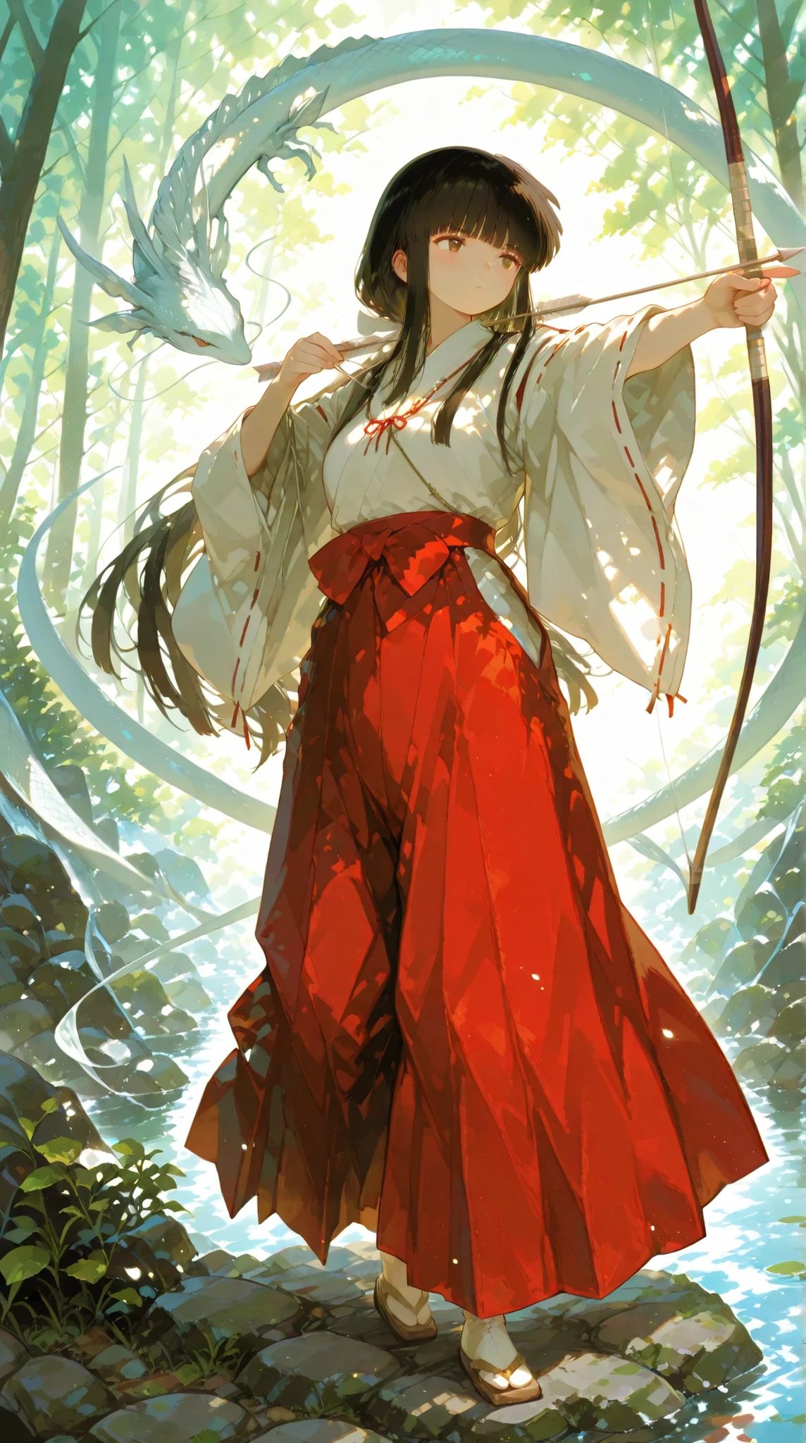 Cute,748cmstyle,Outstanding Works,Slightly realistic, Excellent quality, Very beautiful, 超high resolution, high resolution,anime style,,kikyoinu, black hair, brown eyes,,hair ribbon, long hair, blunt bangs, sidelocks, low ponytail,,very long hair, blunt bangs, sidelocks, hime cut,,miko, wide sleeves, long sleeves, red hakama, japanese clothes,,tabi,sinidama, white dragon,,bow \(weapon\), holding bow \(weapon\), holding weapon, arrow \(projectile\),  holding arrow, archery,,