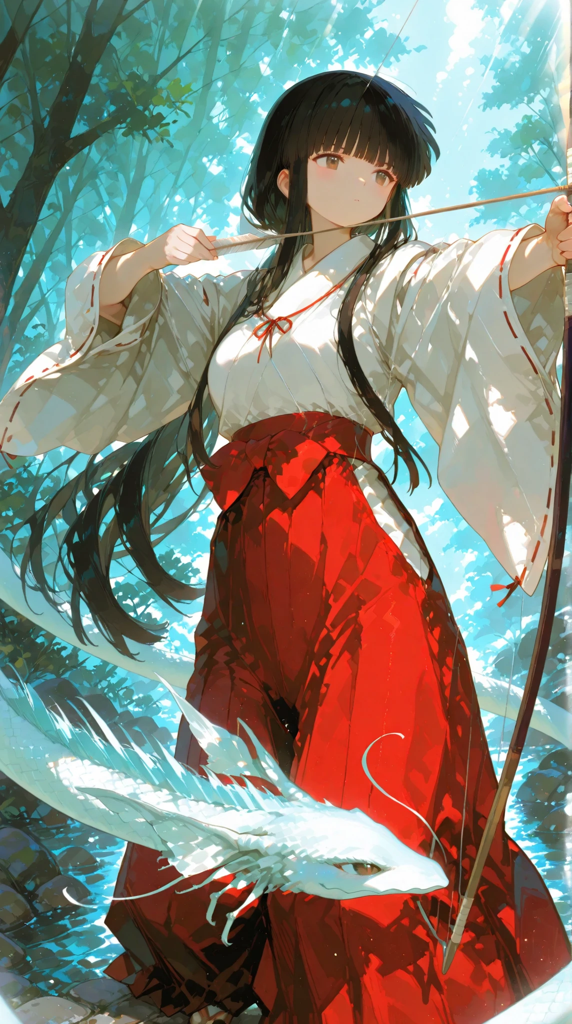Cute,748cmstyle,Outstanding Works,Slightly realistic, Excellent quality, Very beautiful, 超high resolution, high resolution,anime style,,kikyoinu, black hair, brown eyes,,hair ribbon, long hair, blunt bangs, sidelocks, low ponytail,,very long hair, blunt bangs, sidelocks, hime cut,,miko, wide sleeves, long sleeves, red hakama, japanese clothes,,tabi,sinidama, white dragon,,bow \(weapon\), holding bow \(weapon\), holding weapon, arrow \(projectile\),  holding arrow, archery,,