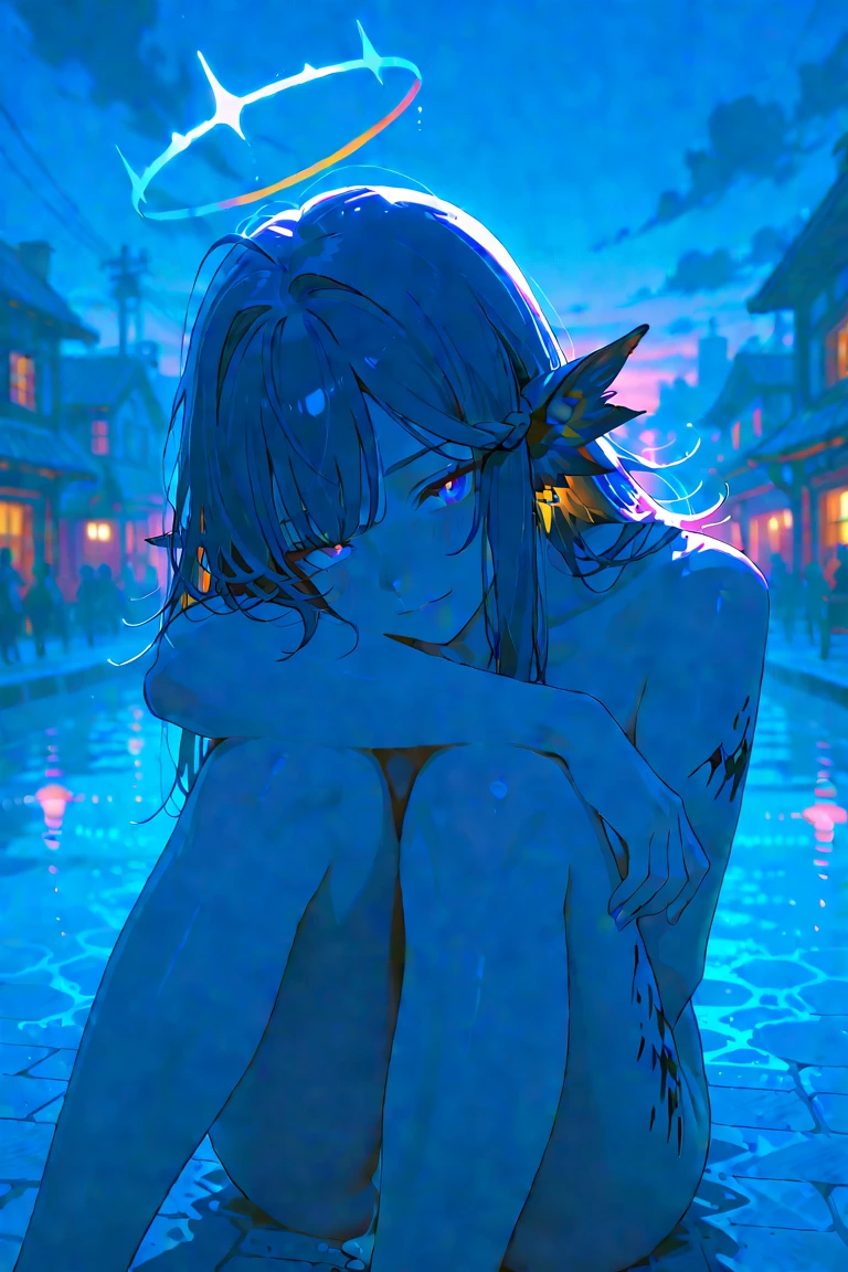 (ANIME ART STYLE),Jinx from arcane,long, blue hair with two long braids extending from the bottom,blue eyes, blushing, wearing lingerie, sitting on the night city street, wet street,vibrant colours, joyful expression, blushing, dynamic pose, blue cloud forms adorning her arm and ?????.