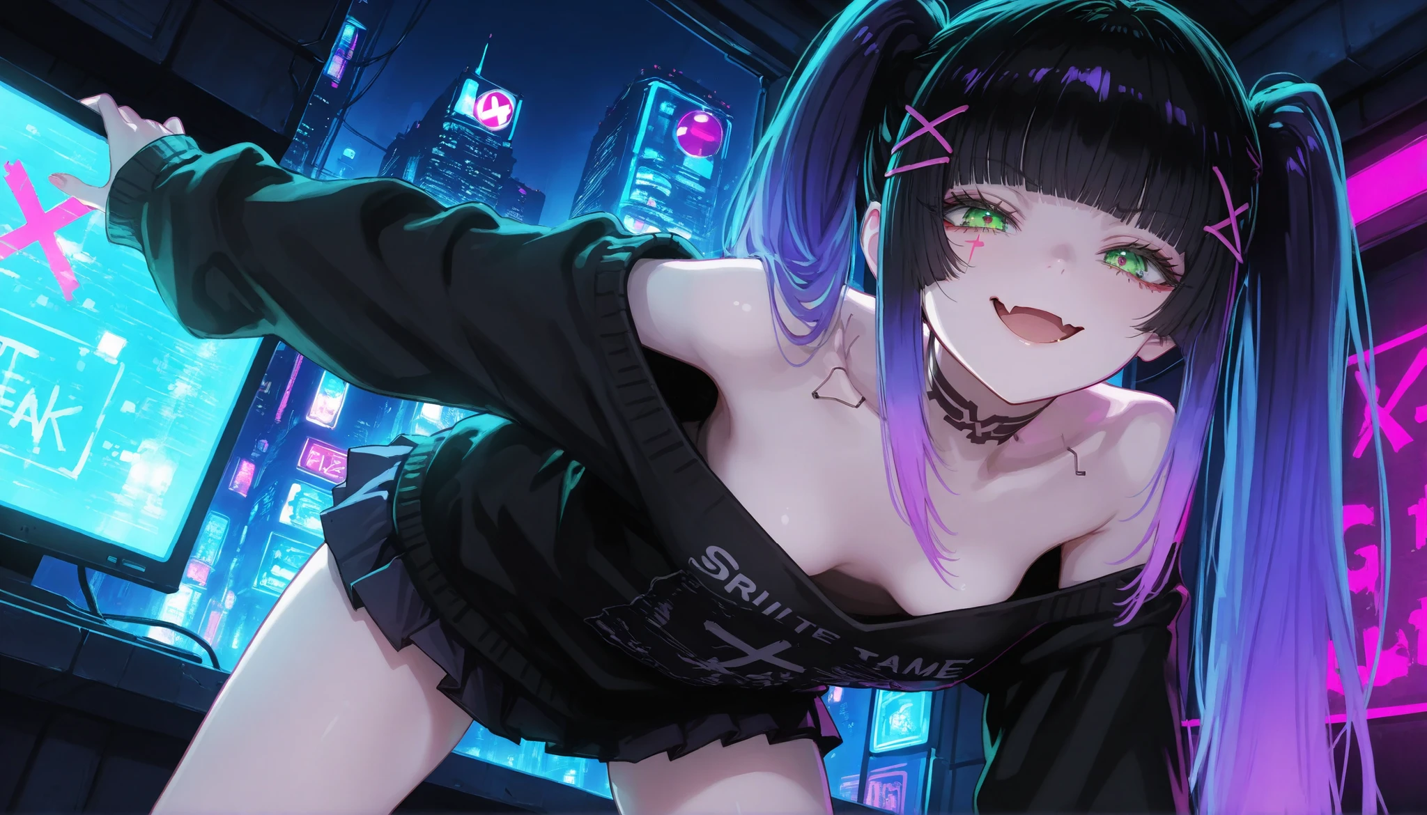 <lyco:GoodHands-beta2:1.0>, (nice hands, perfect hands), cybercity(green and purple background,big buildings,neon signs, open bars, prostitutes offering themselves)1girl,black suit,sleveless,sidbob,short black undercut hair,one arm sleveless,mechanical arm,mechanical eye,holding a cyber gun,looking to side,scar in face,black tatoo under eyes,dragon tatoo in arm