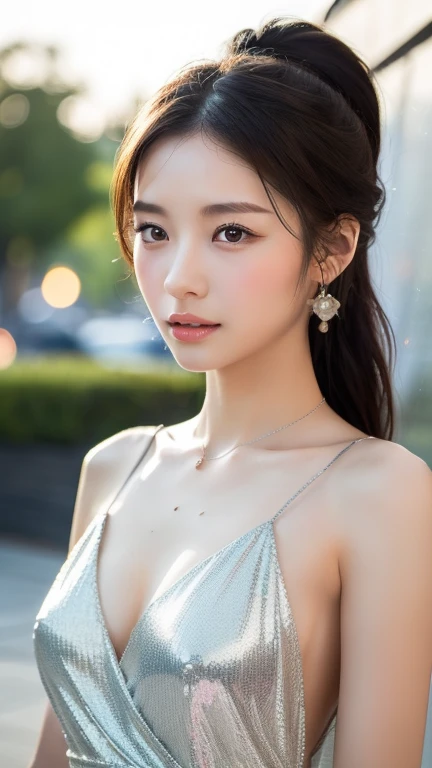 ((highest quality, 8K, masterpiece:1.3)), concentrated: 1.2, perfect body beauty: 1.4, buttocks: 1.2, ((layered haircut, chest: 1.2)), A sloppy smile , (rain, street:1.3), bandeau dress: 1.1, Highly detailed face and skin texture, delicate eyes, double eyelid, whitened skin, long hair